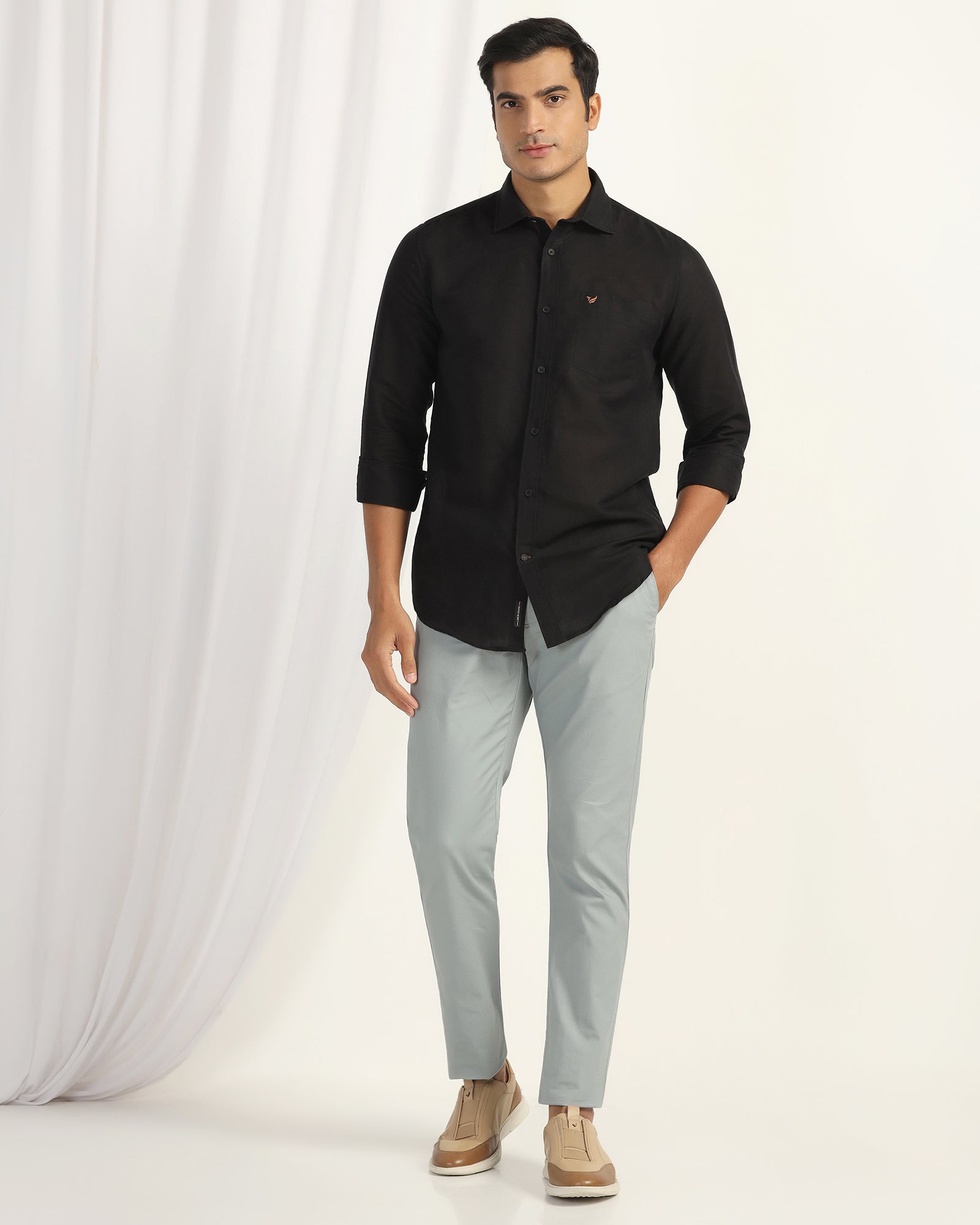 Linen Casual Black Solid Shirt - Salmon