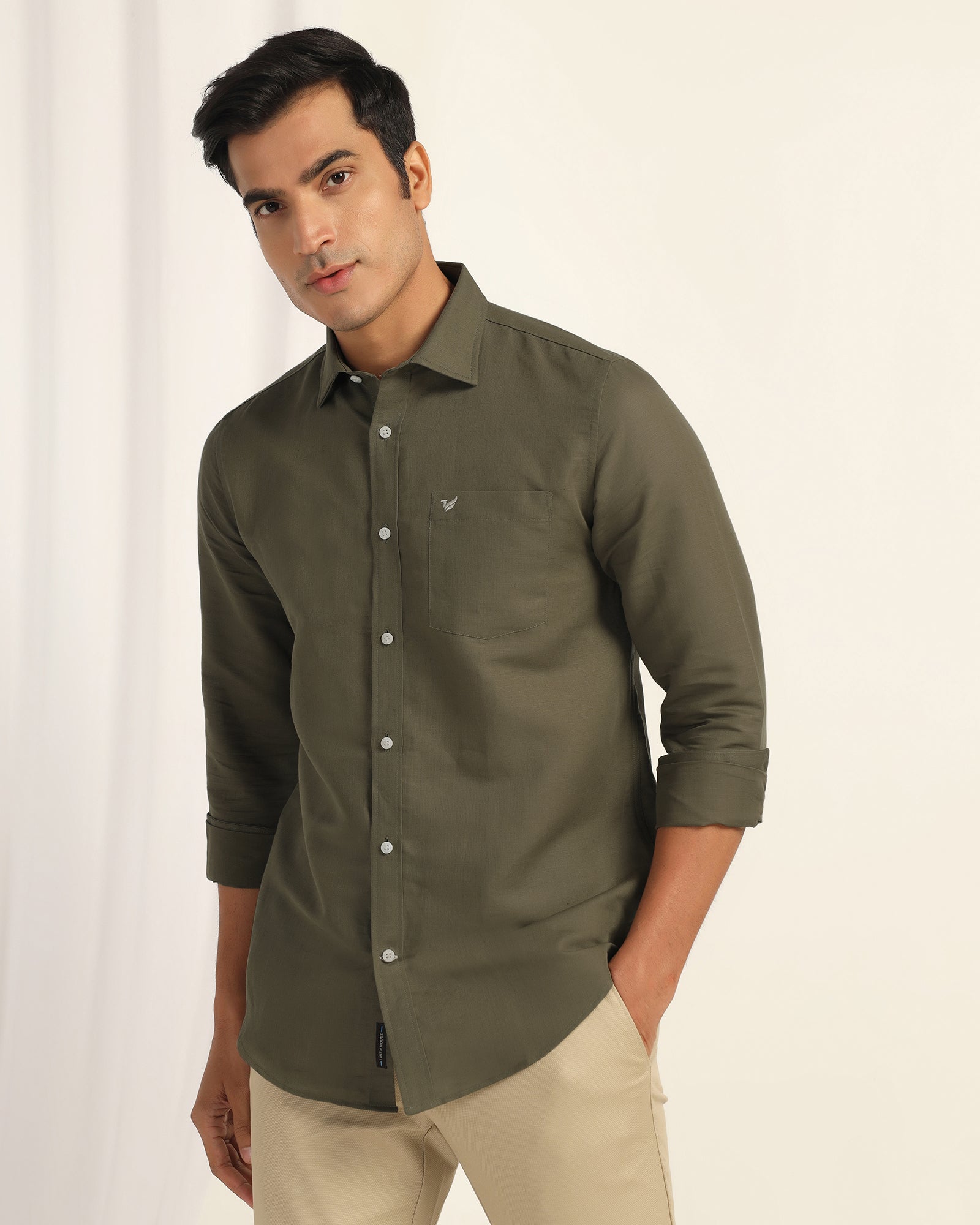 Linen Casual Olive Solid Shirt - Salmon