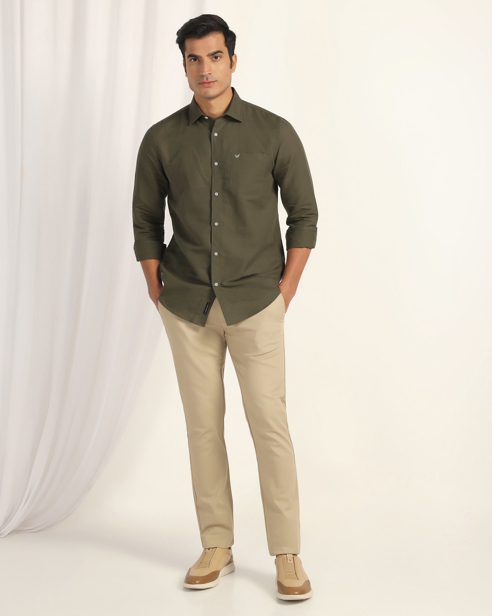 Linen Casual Olive Solid Shirt - Salmon