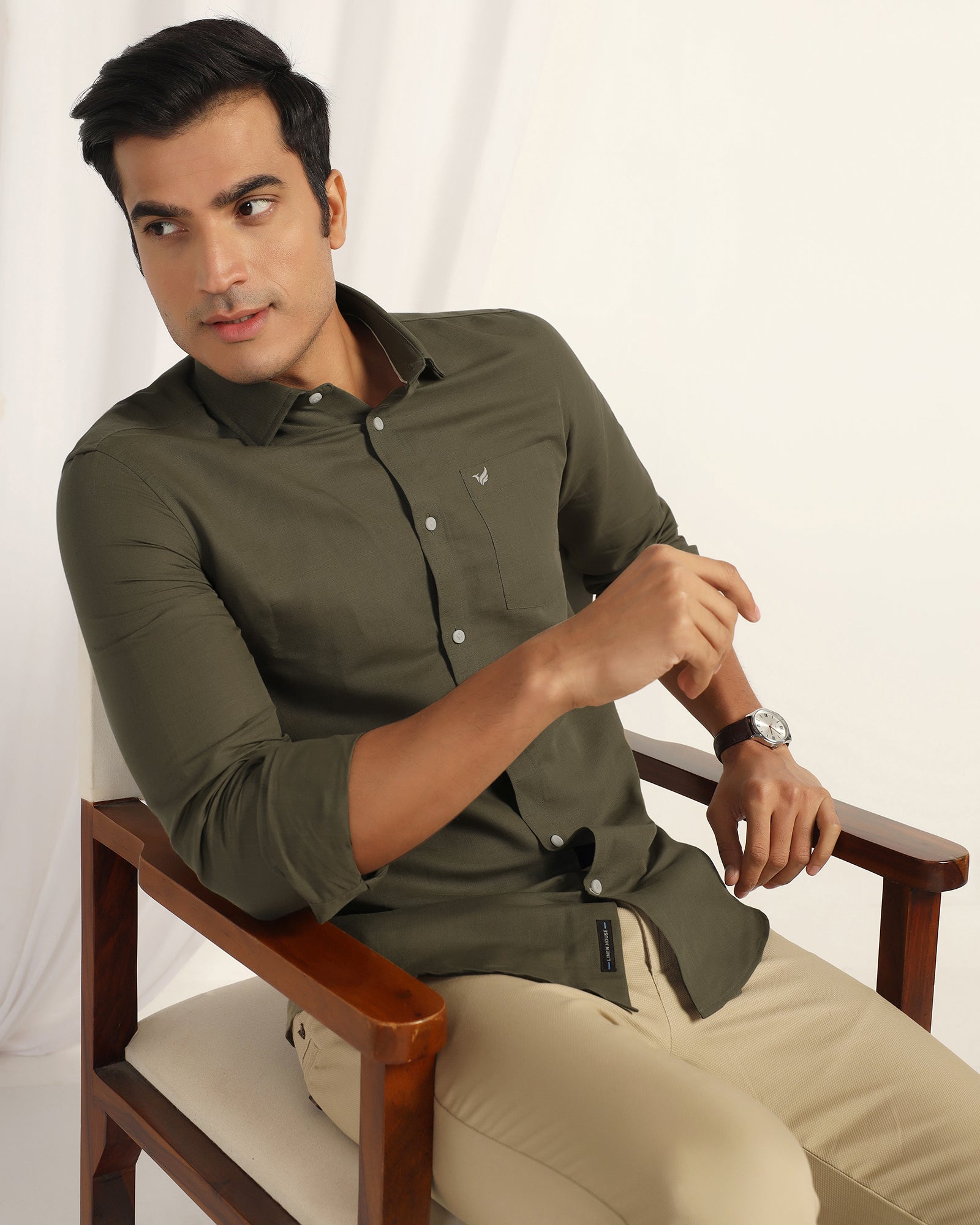 Linen Casual Olive Solid Shirt - Salmon