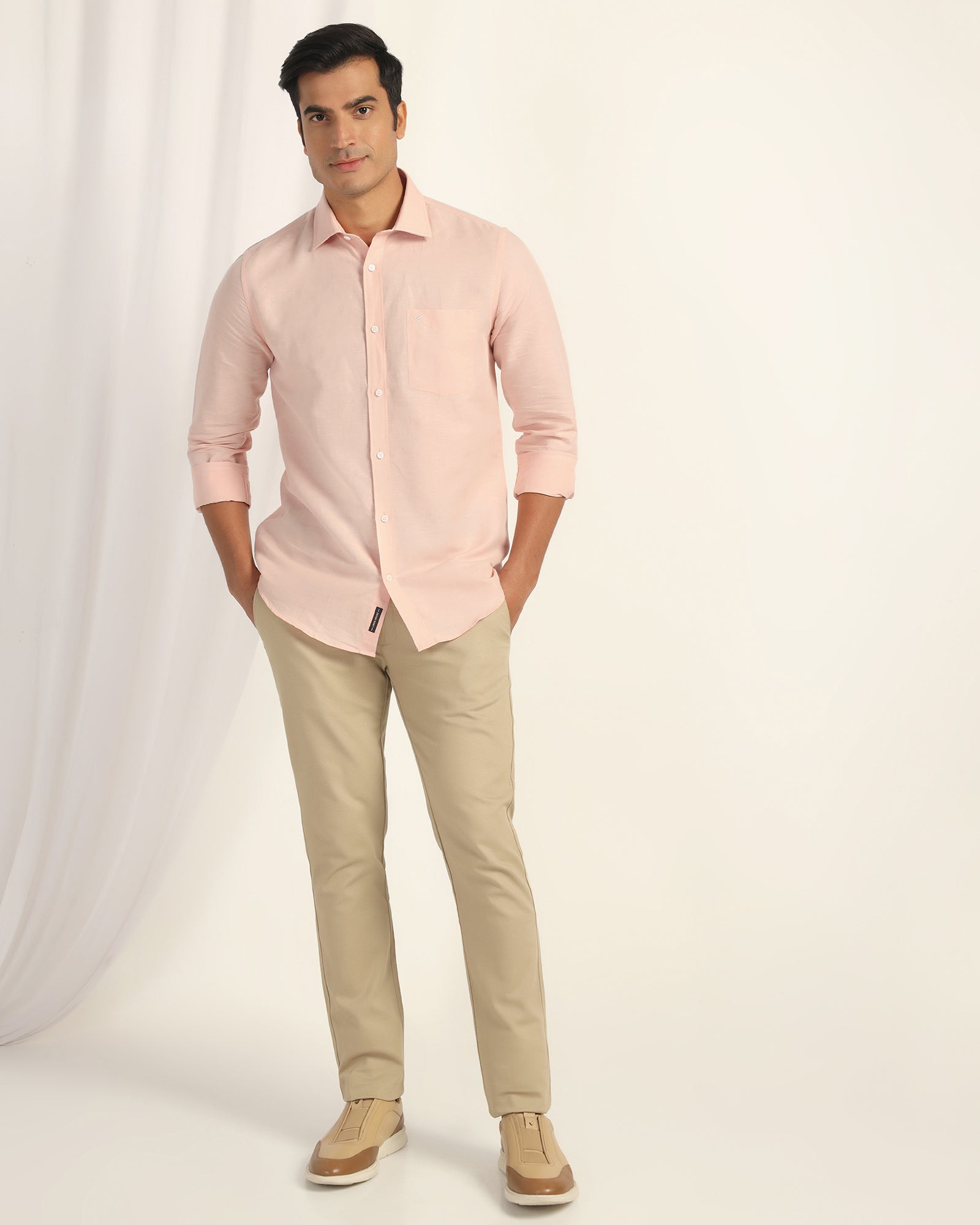 Linen Casual Peach Solid Shirt - Salmon