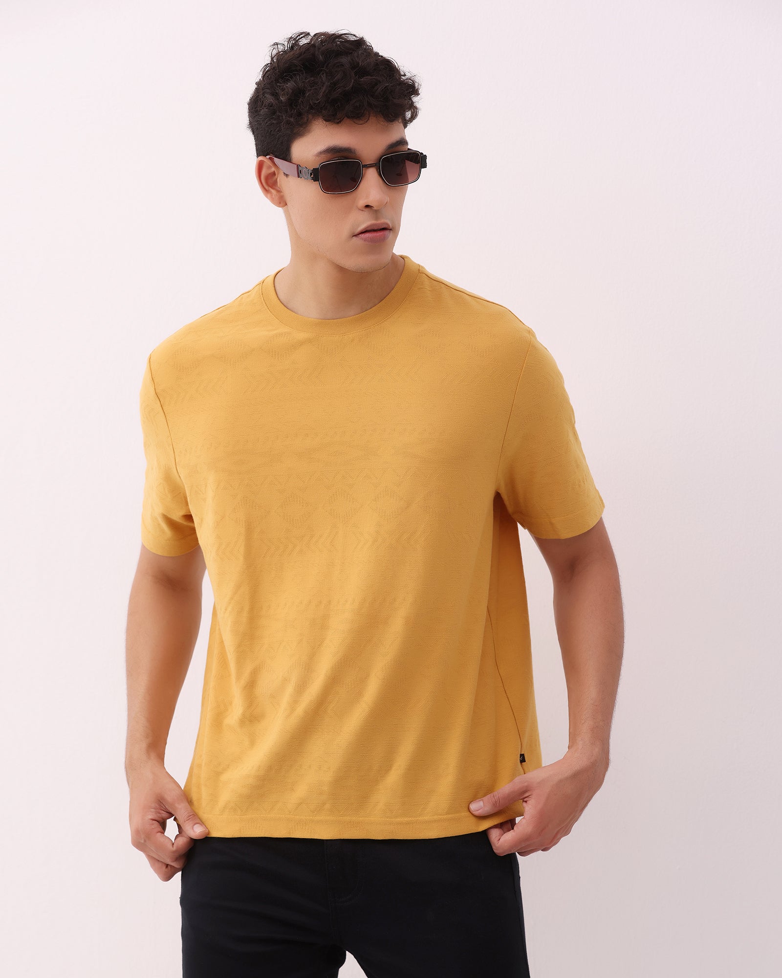 Mustard Crew Neck Textured T-Shirt - Rubeus