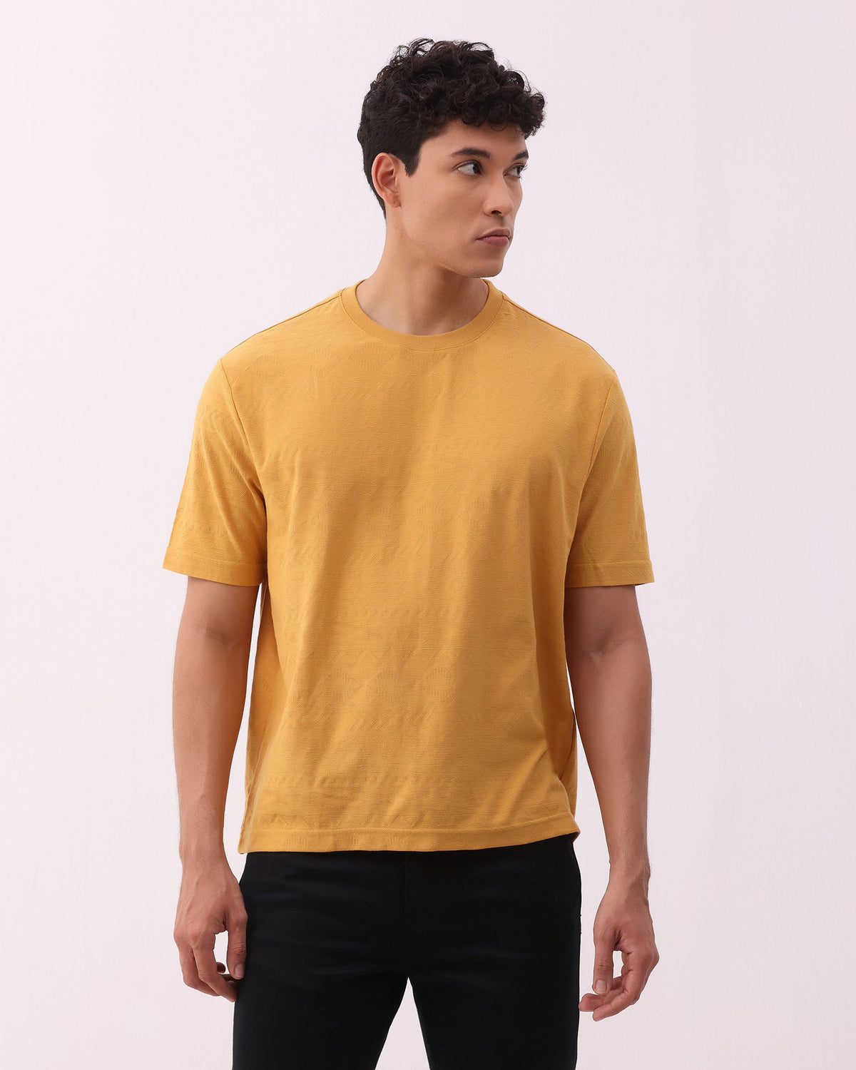 Mustard Crew Neck Textured T-Shirt - Rubeus