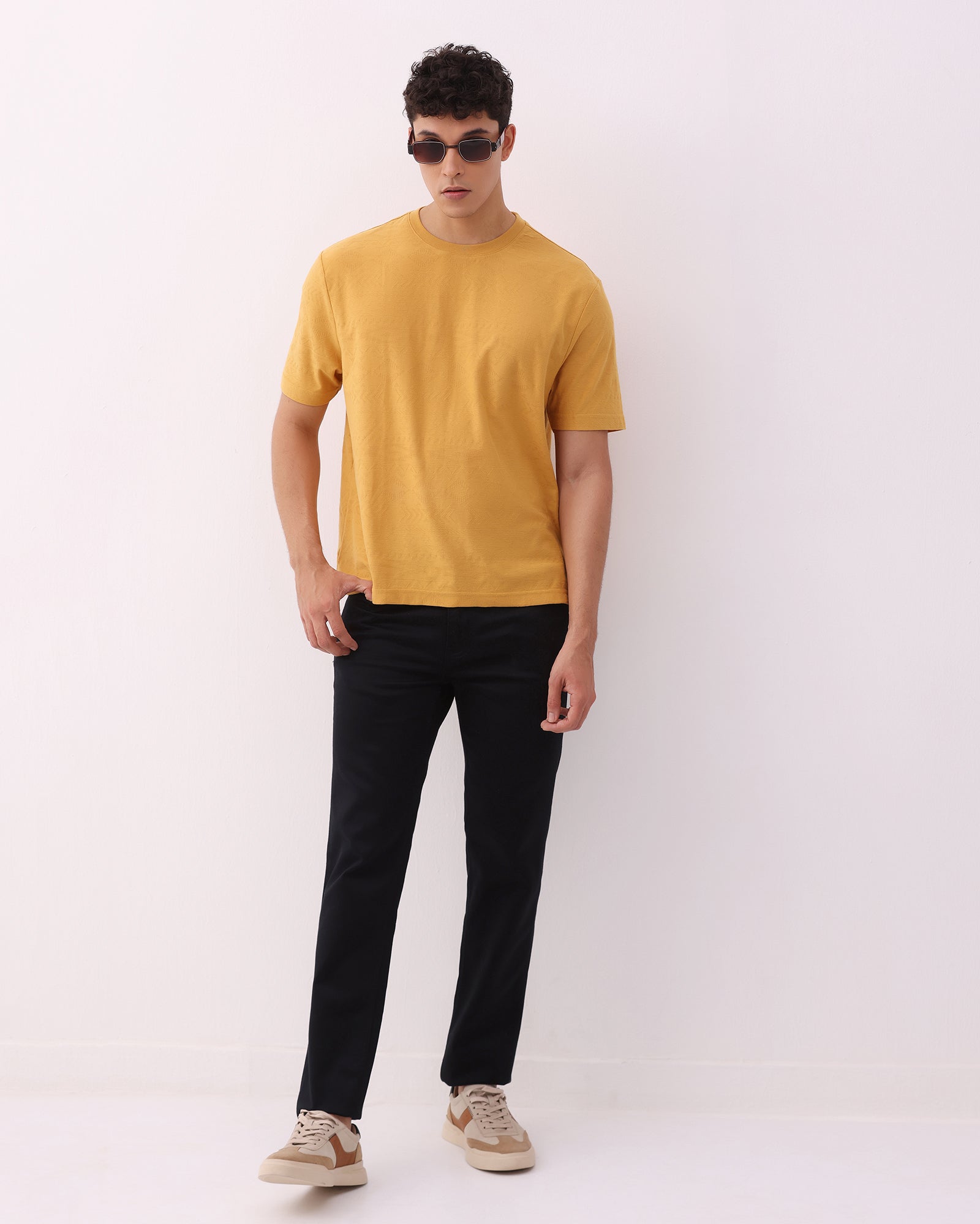 Mustard Crew Neck Textured T-Shirt - Rubeus