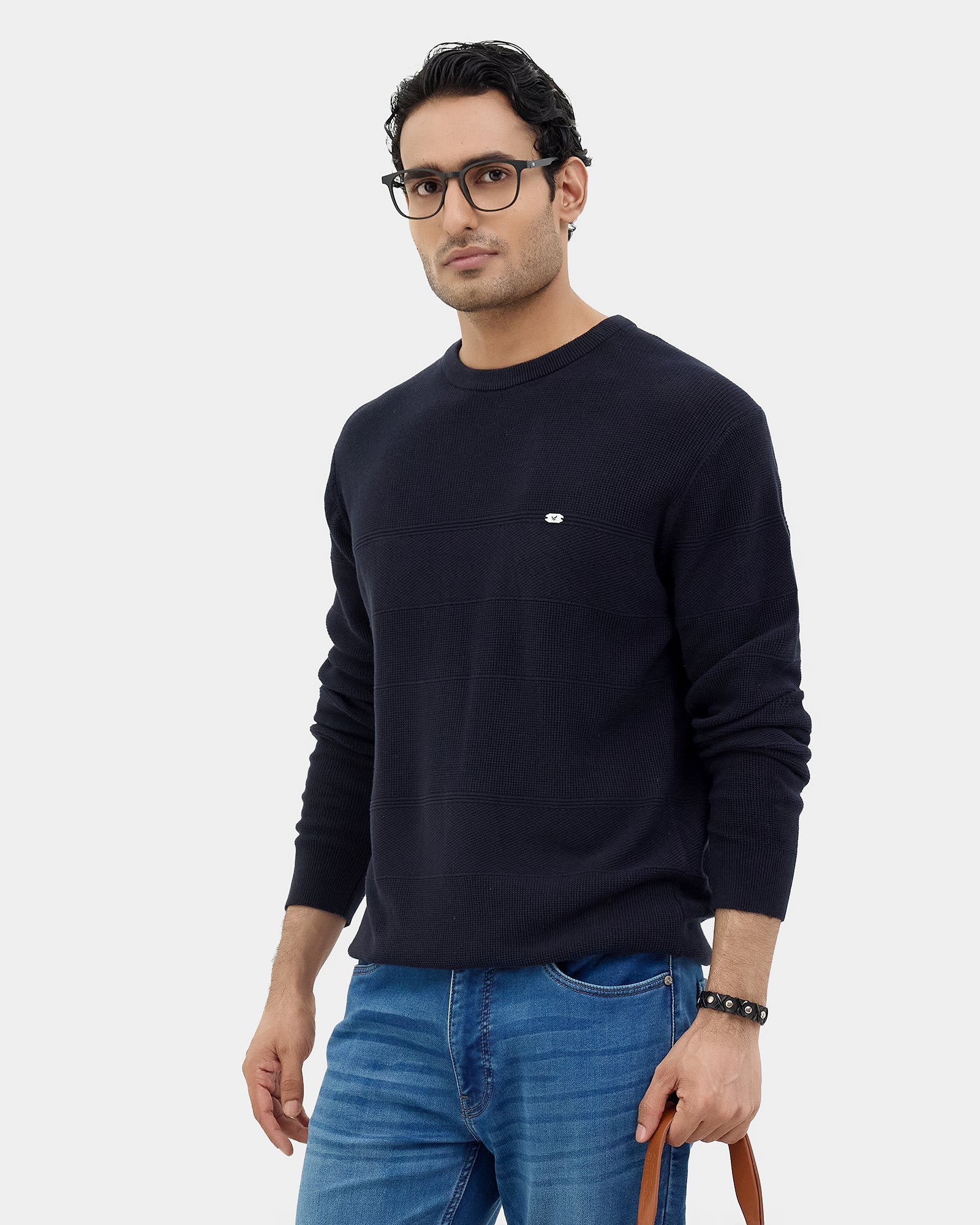 Navy Crew Neck Textured Sweater - Drool