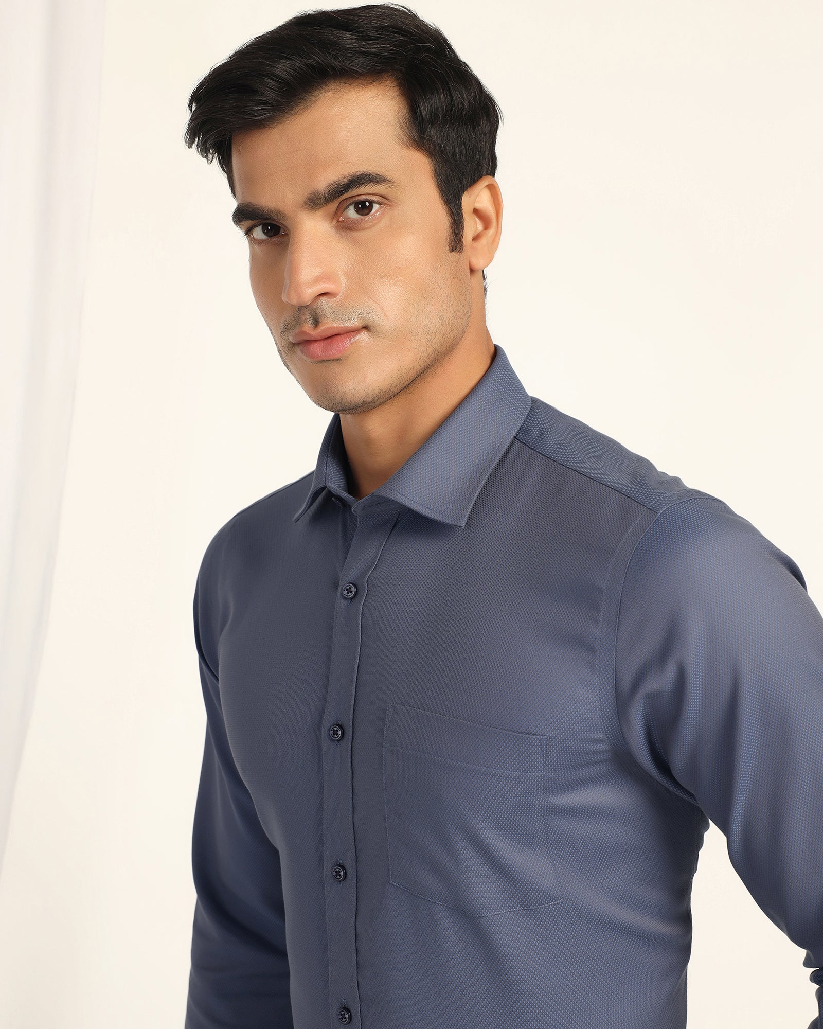 Non Iron Formal Mid Blue Textured Shirt - Bridge