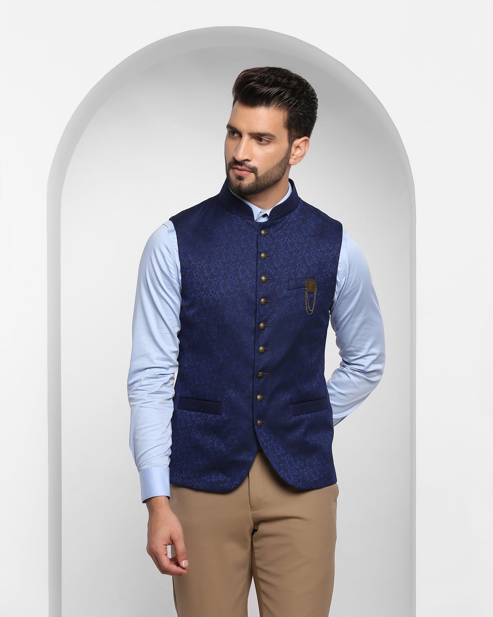 Printed Formal Bandhgala Waist Coat In Navy (Jacqlin) - Blackberrys