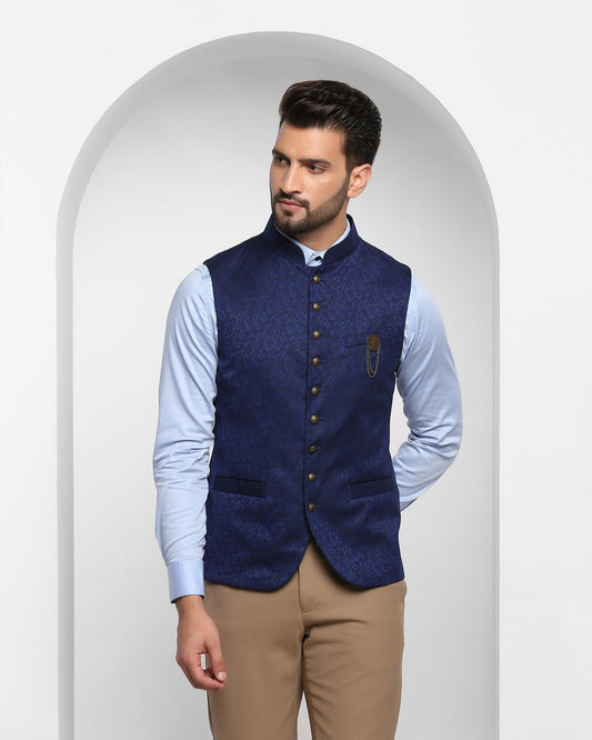 Bandhgala Formal Navy Jacquard Waistcoat - Jacqlin