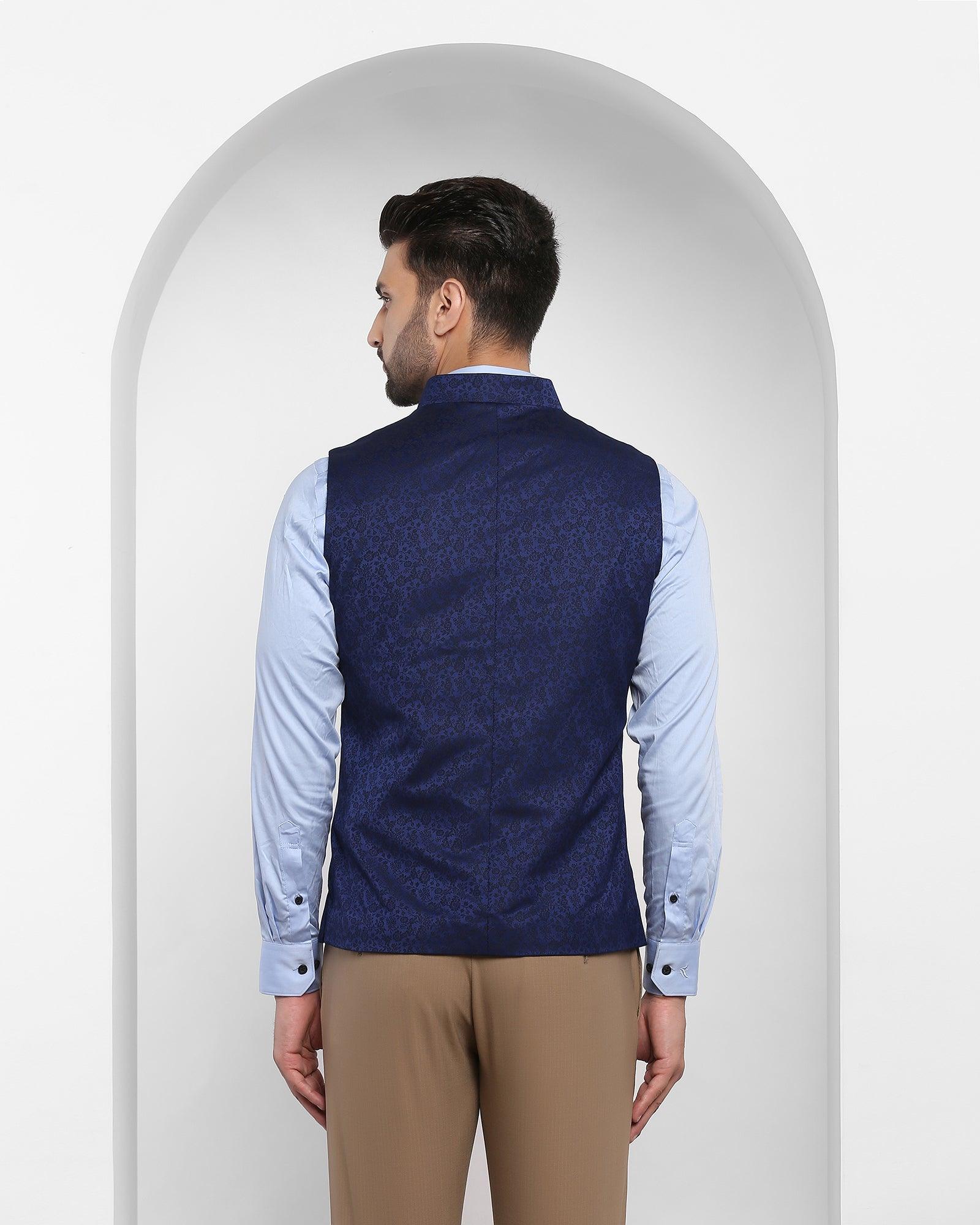 Printed Formal Bandhgala Waist Coat In Navy (Jacqlin) - Blackberrys