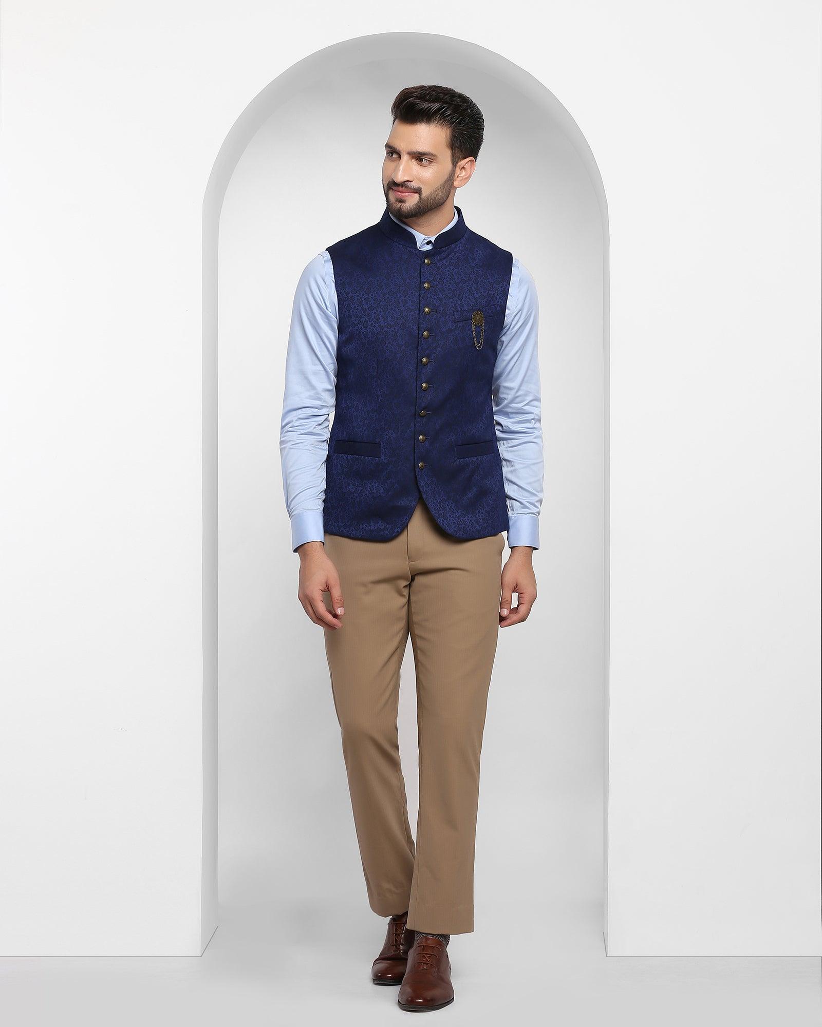 Printed Formal Bandhgala Waist Coat In Navy (Jacqlin) - Blackberrys