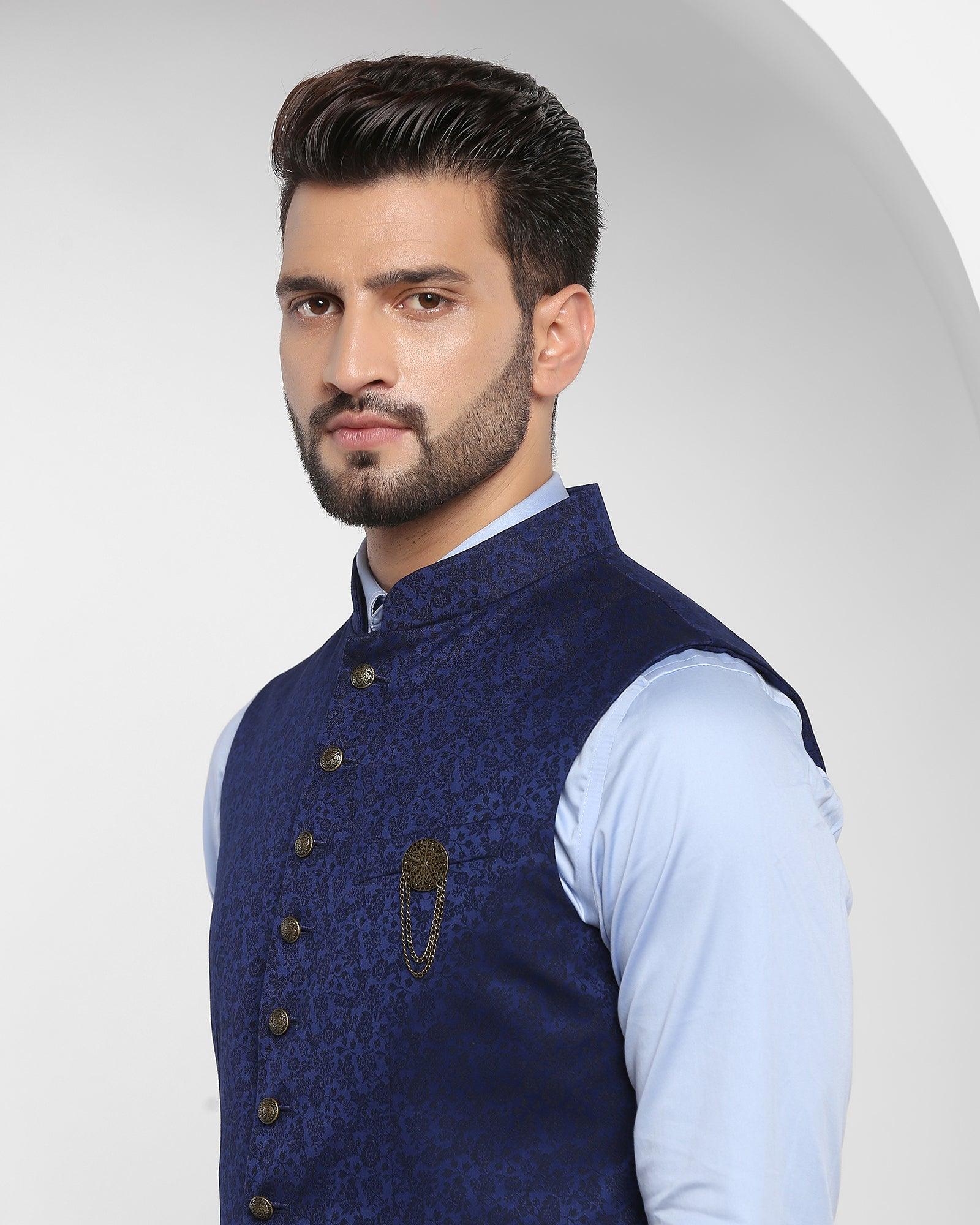 Printed Formal Bandhgala Waist Coat In Navy (Jacqlin) - Blackberrys