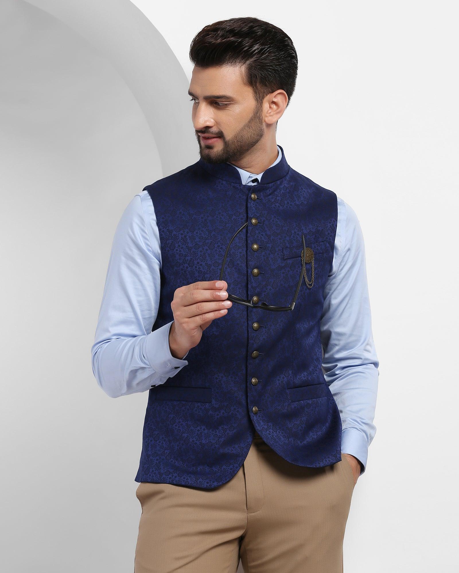 Printed Formal Bandhgala Waist Coat In Navy (Jacqlin) - Blackberrys