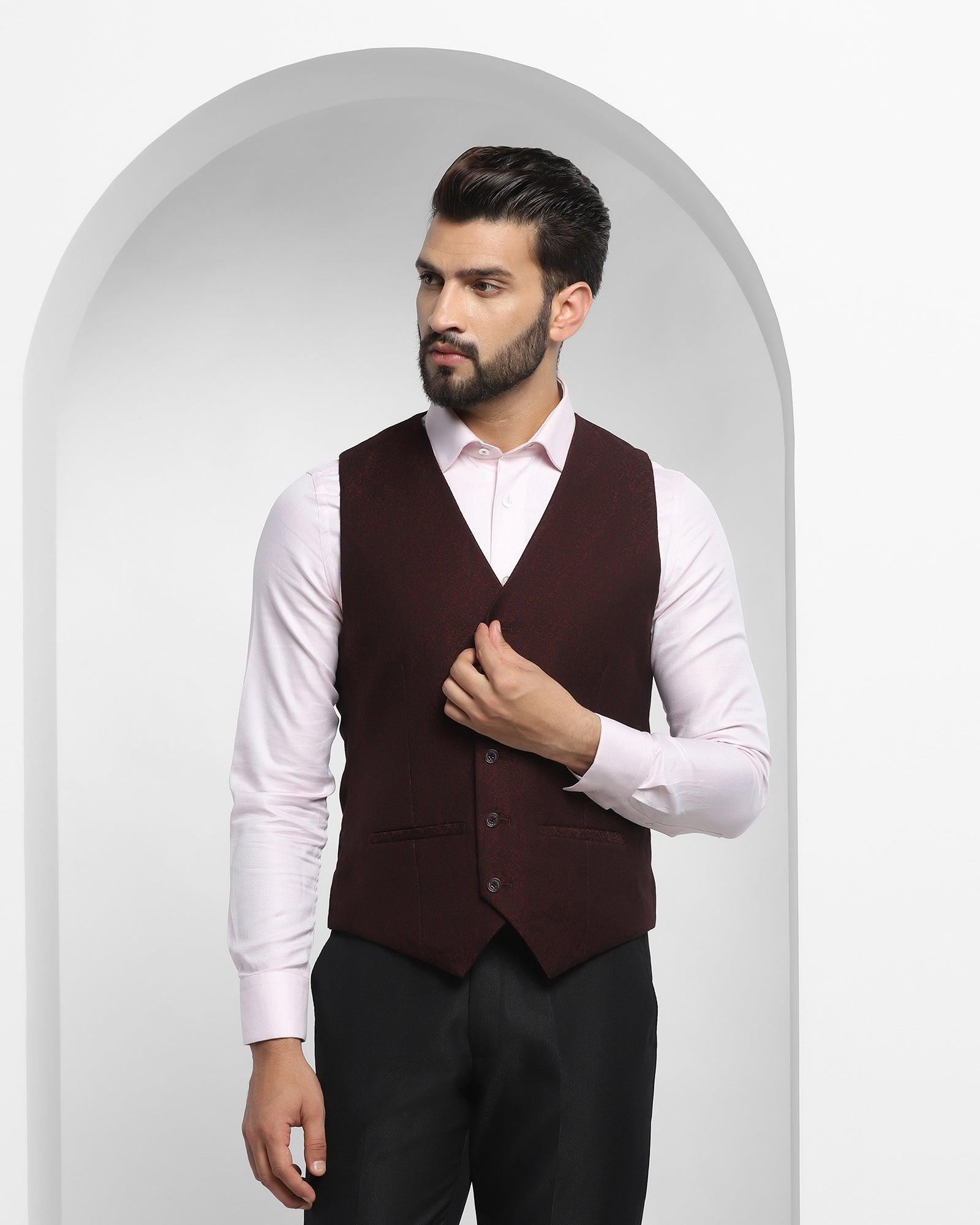 Printed Formal V-Neck Waist Coat In Wine (Brino) - Blackberrys