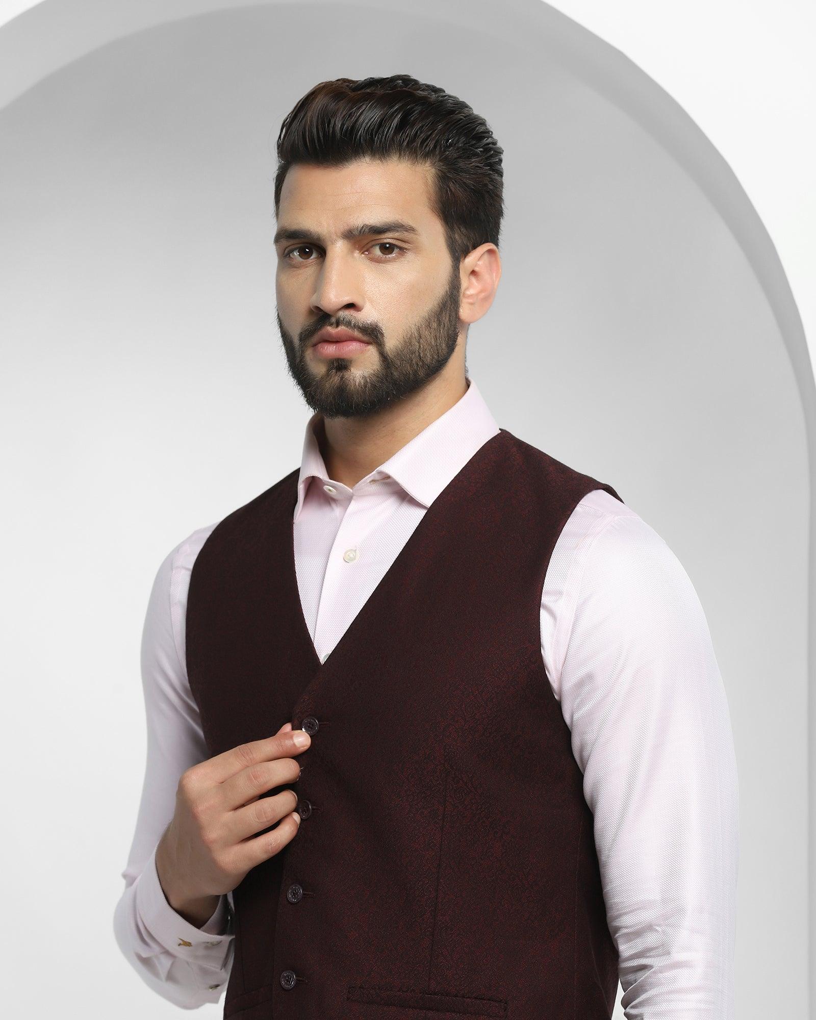 Printed Formal V-Neck Waist Coat In Wine (Brino) - Blackberrys