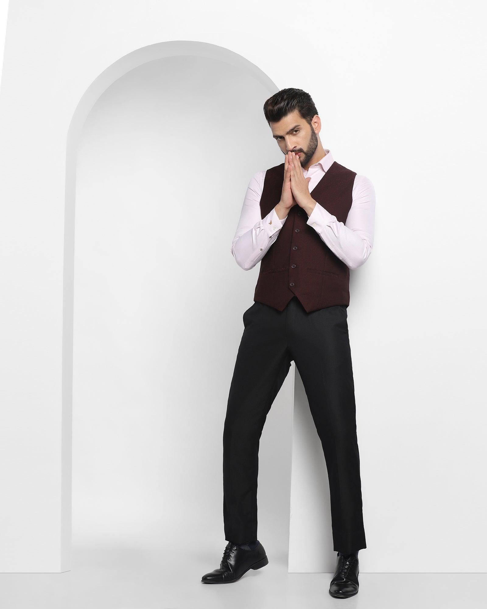 Printed Formal V-Neck Waist Coat In Wine (Brino) - Blackberrys