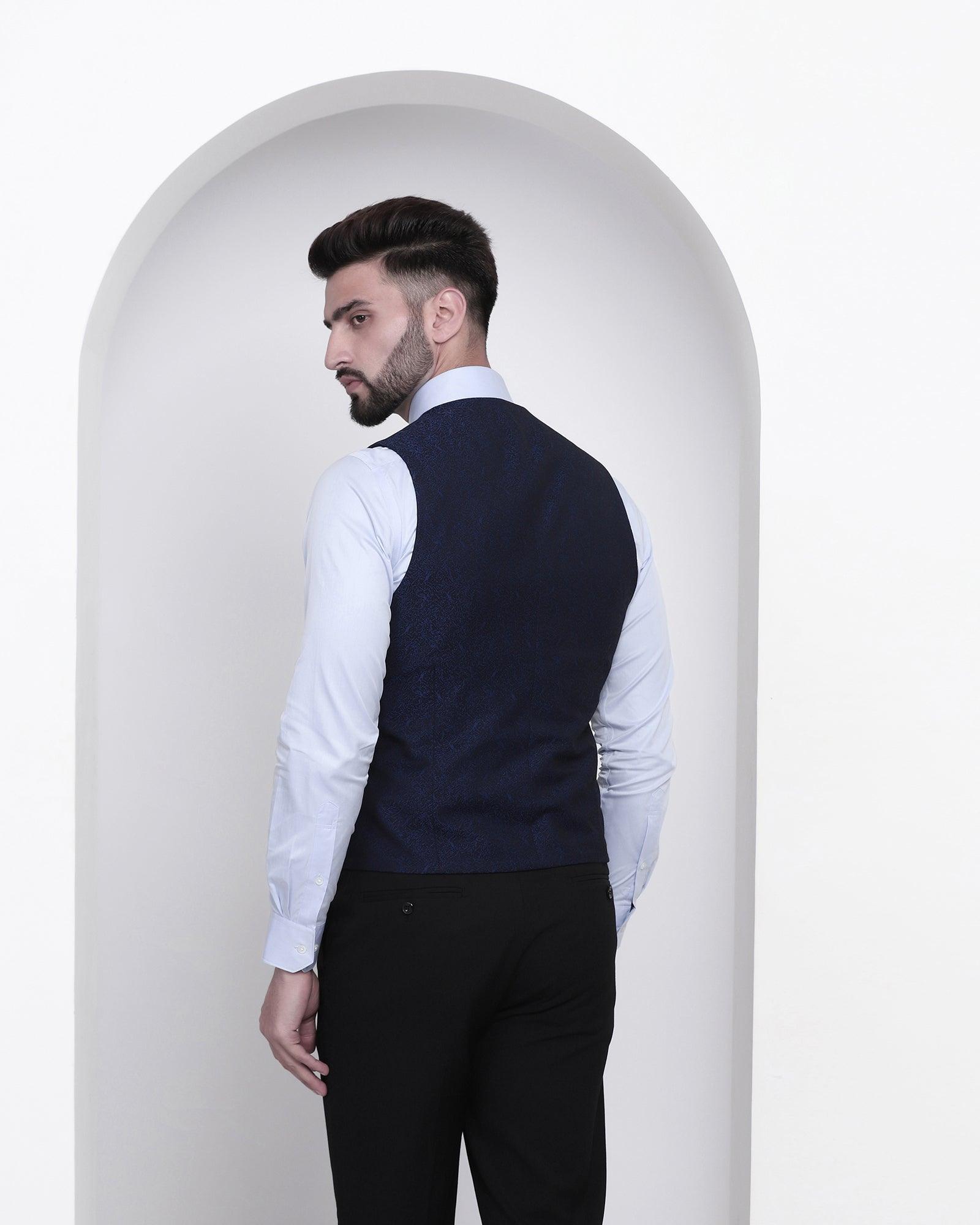 Printed Formal V-Neck Waistcoat In Navy-N (Tereno) - Blackberrys