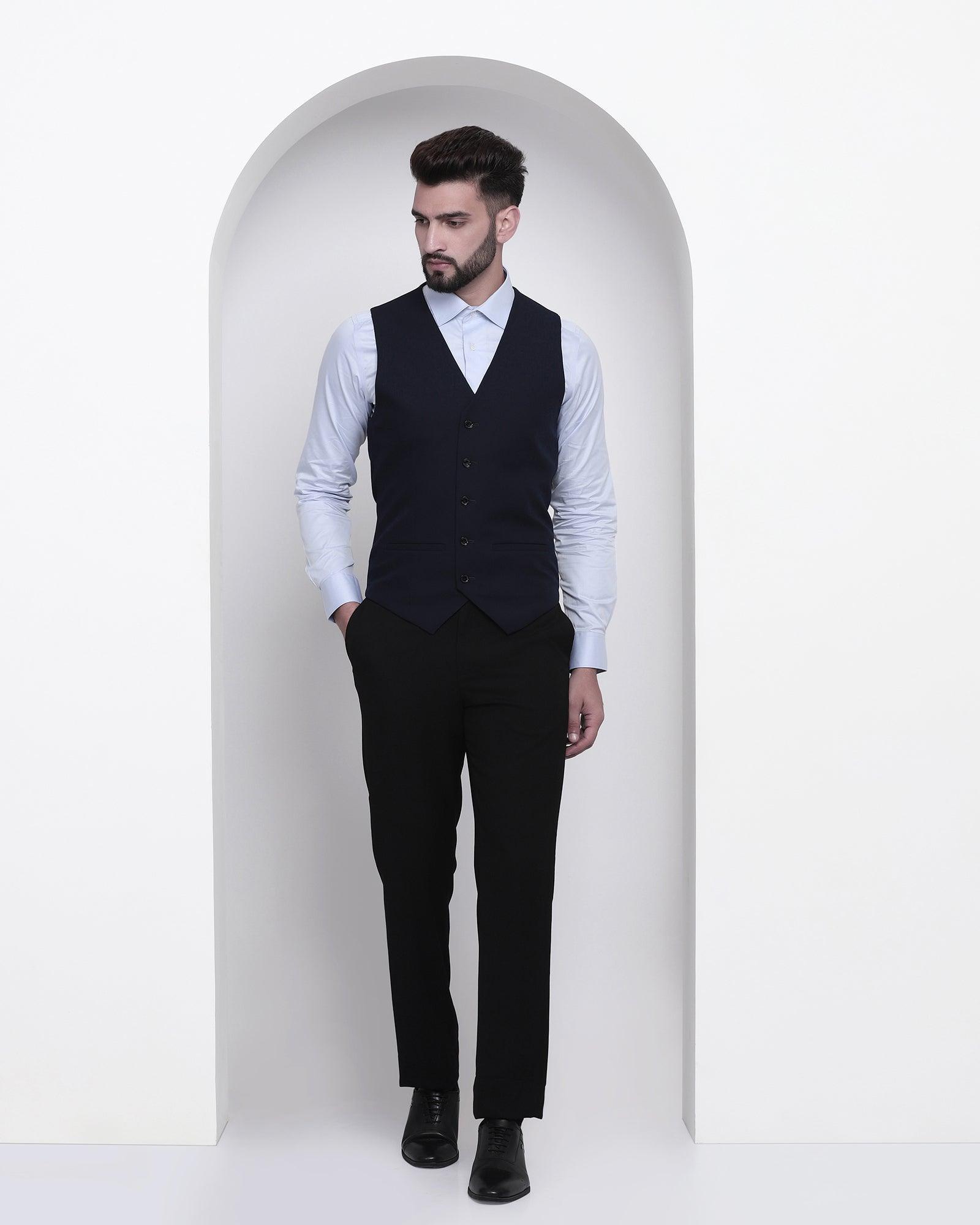 Printed Formal V-Neck Waistcoat In Navy-N (Tereno) - Blackberrys
