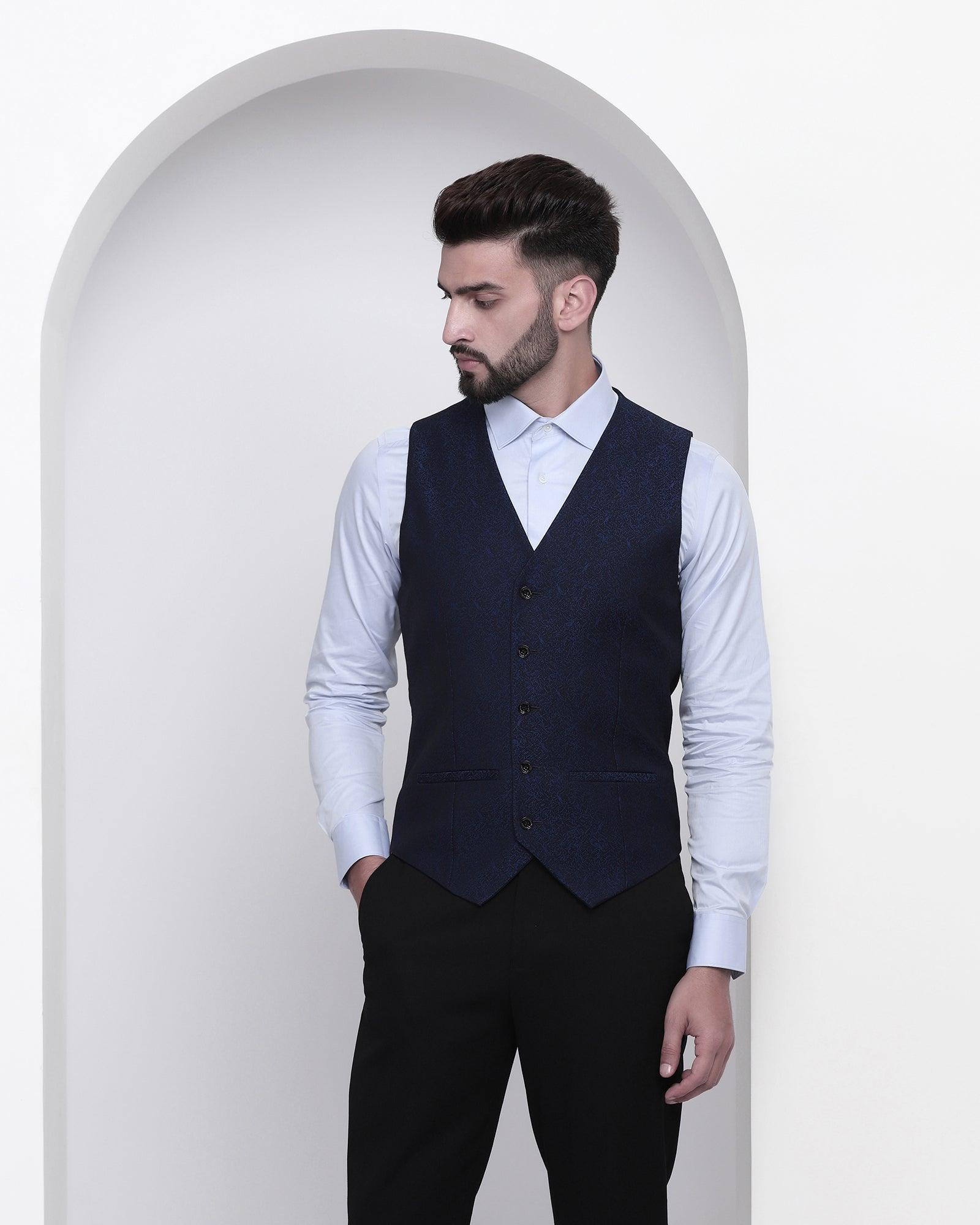 Printed Formal V-Neck Waistcoat In Navy-N (Tereno) - Blackberrys