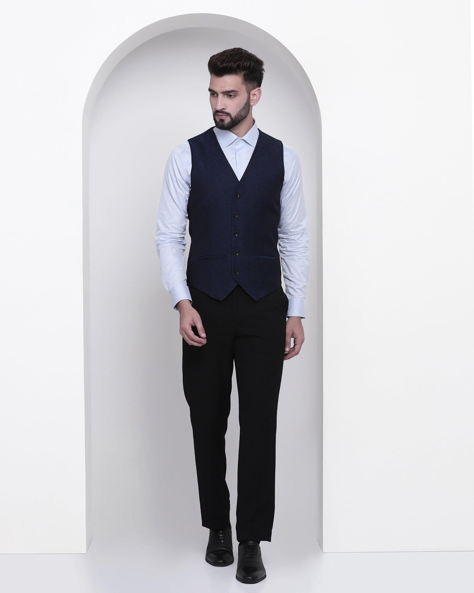 Printed Formal V-Neck Waistcoat In Navy-N (Tereno) - Blackberrys