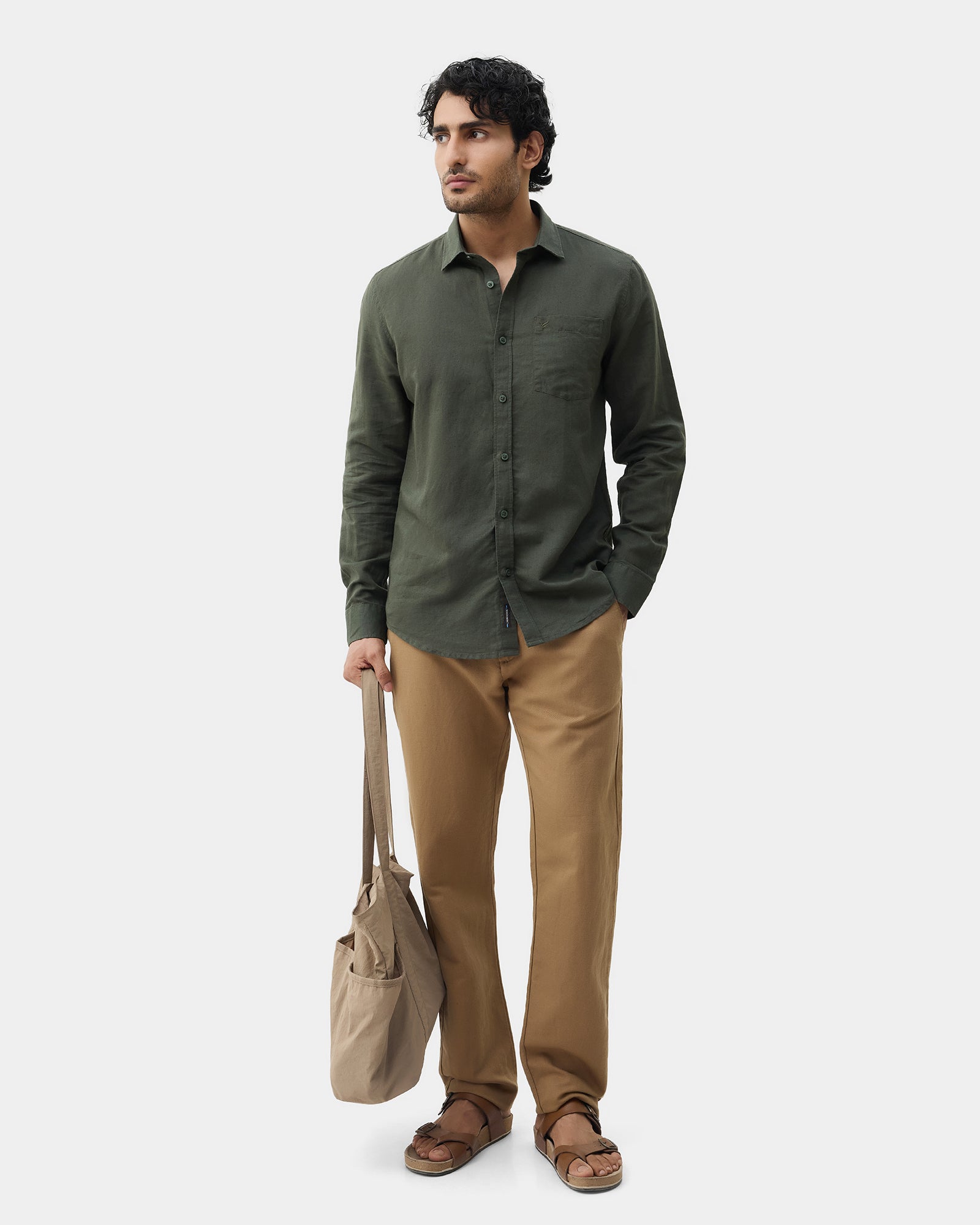 Olive Linen Solid Shirt - Salmon