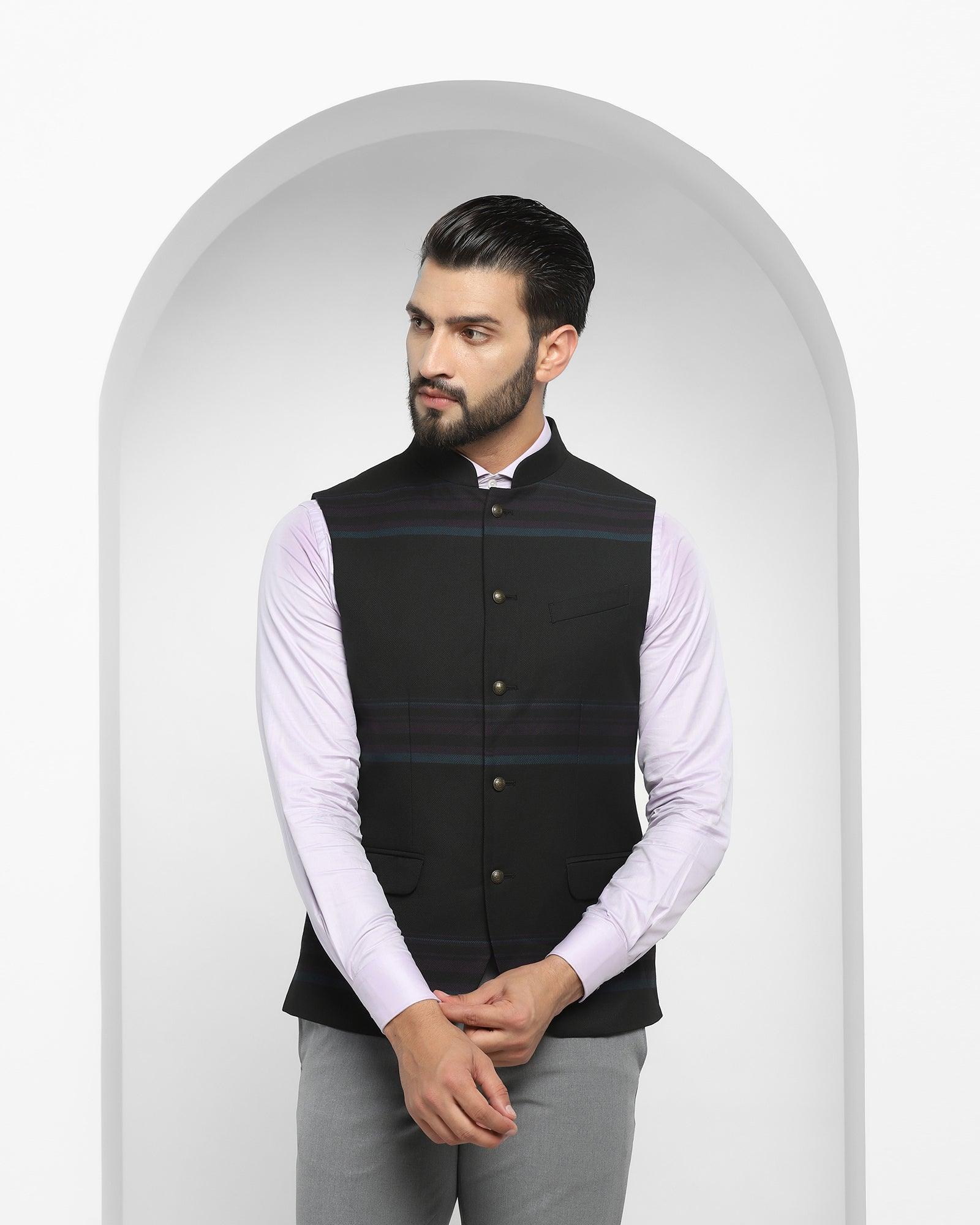 Stripe Formal Bandhgala Waist Coat In Black (Ariana) - Blackberrys