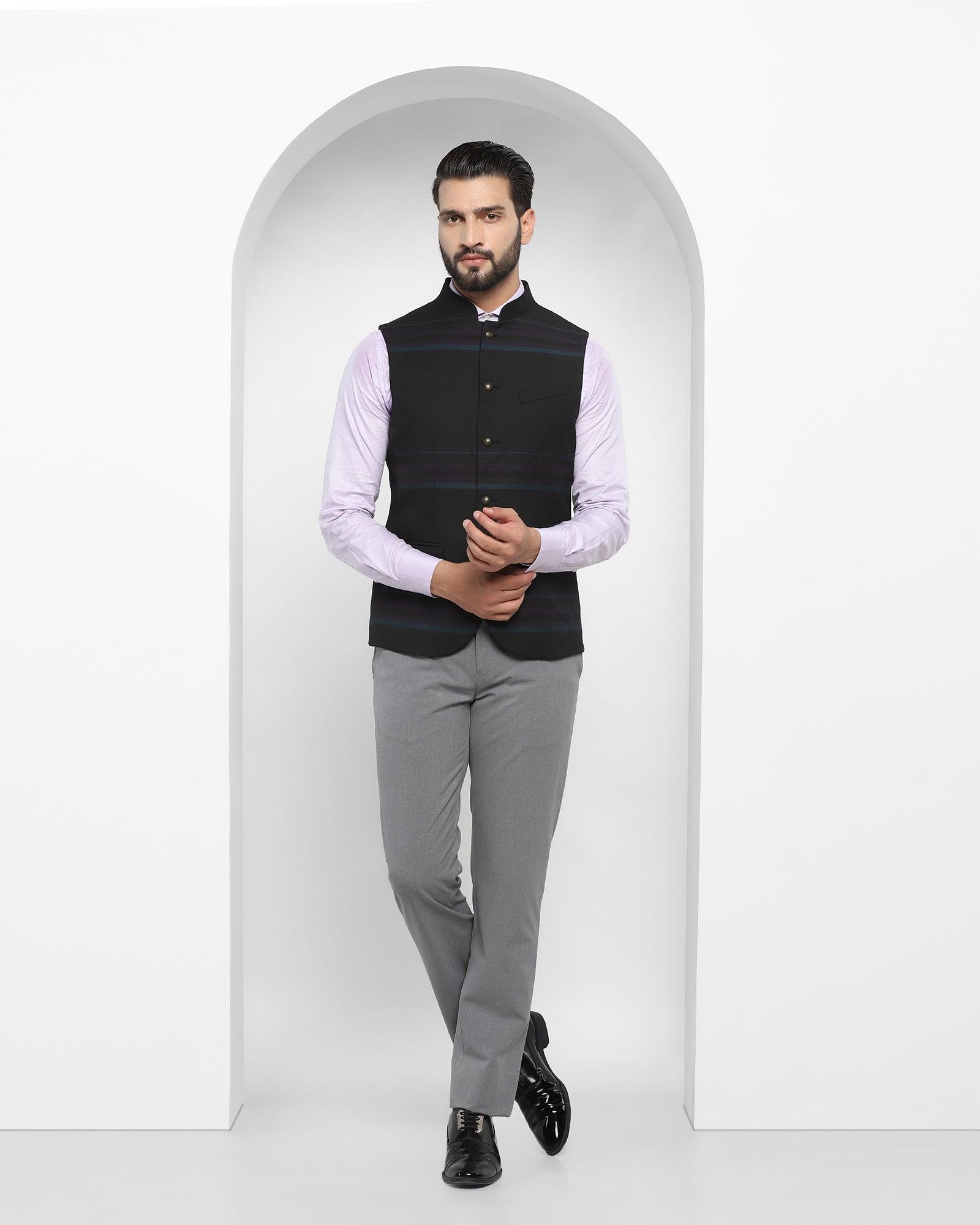Stripe Formal Bandhgala Waist Coat In Black (Ariana) - Blackberrys