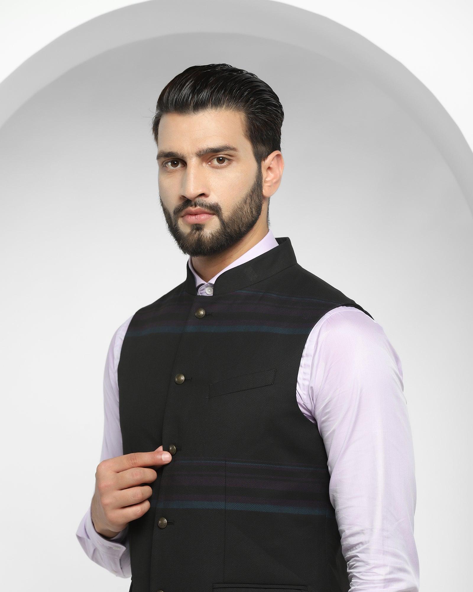 Stripe Formal Bandhgala Waist Coat In Black (Ariana) - Blackberrys