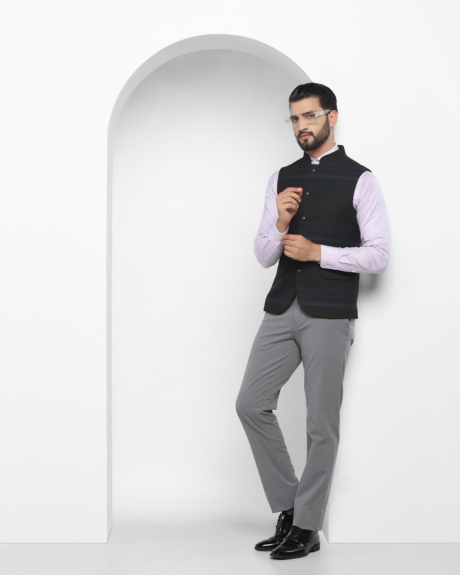 Stripe Formal Bandhgala Waist Coat In Black (Ariana) - Blackberrys