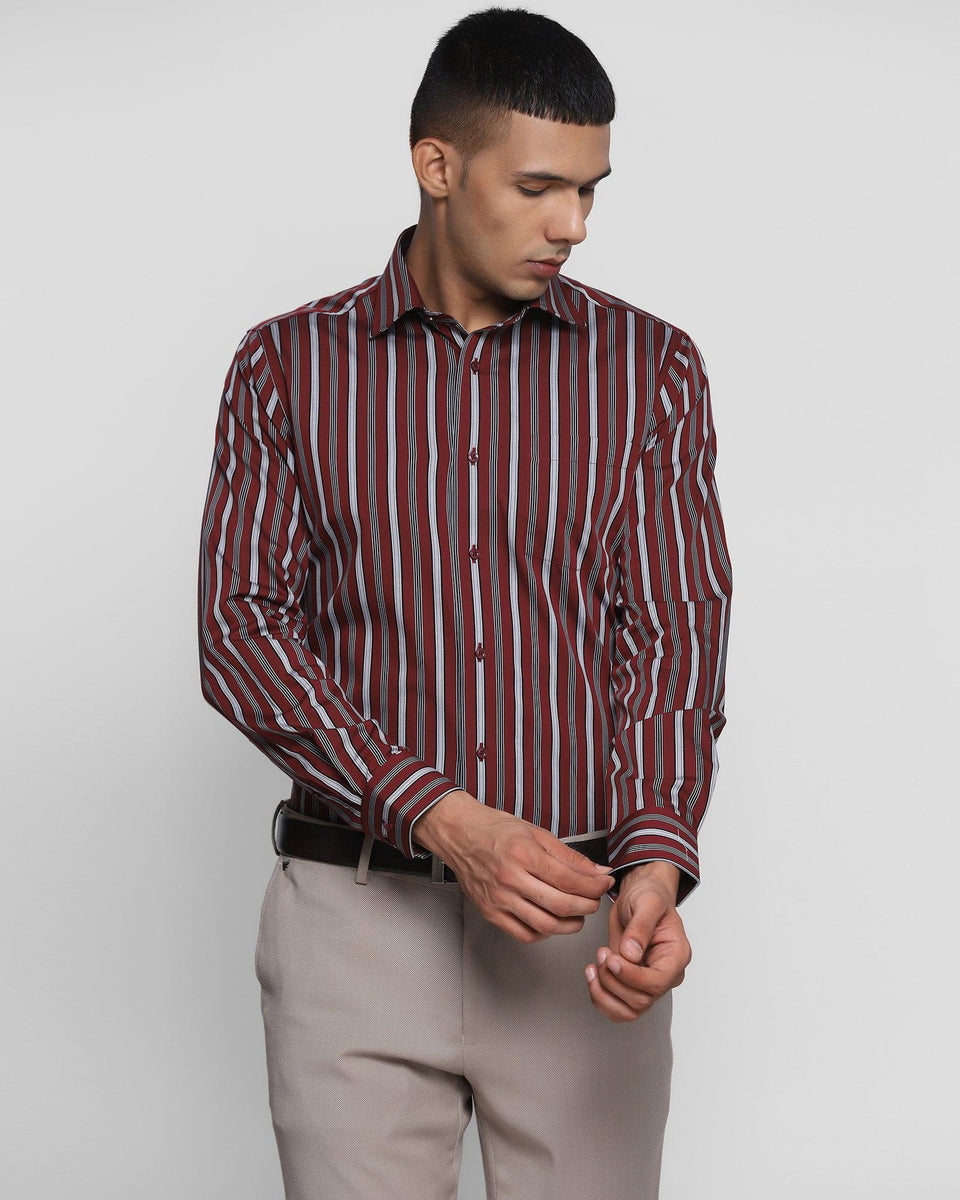 maroon and black striped shirt