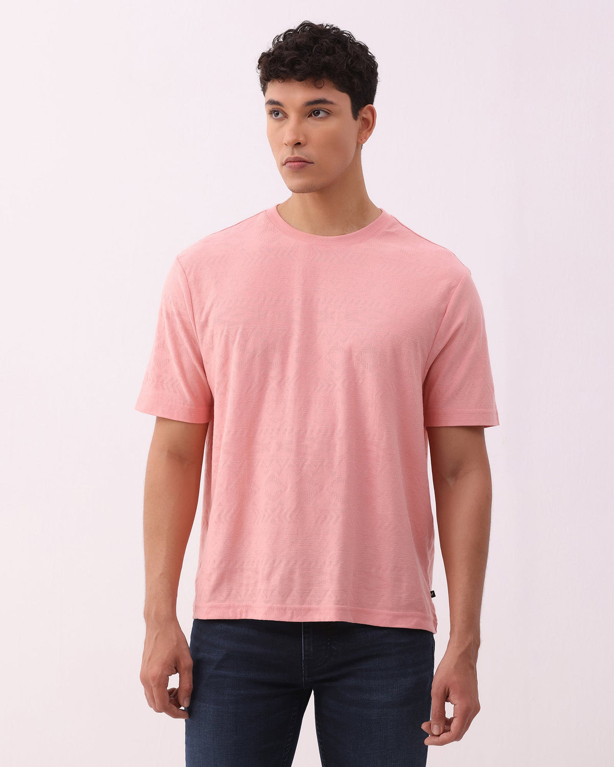 Summer Pink Crew Neck Textured T-Shirt - Rubeus