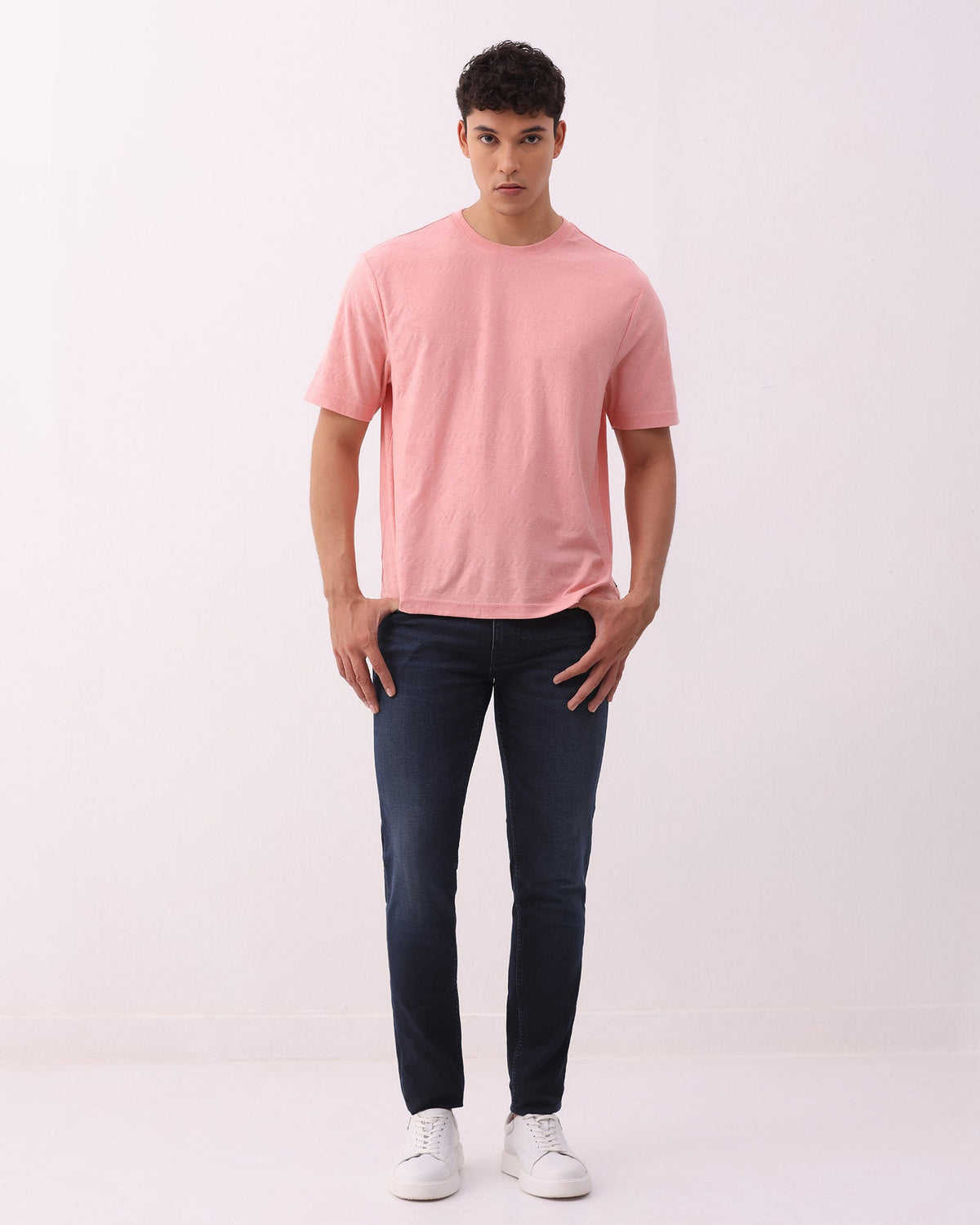 Summer Pink Crew Neck Textured T-Shirt - Rubeus