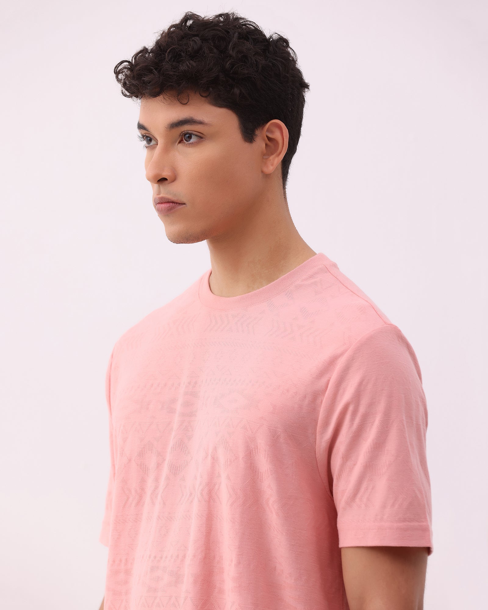 Summer Pink Crew Neck Textured T-Shirt - Rubeus