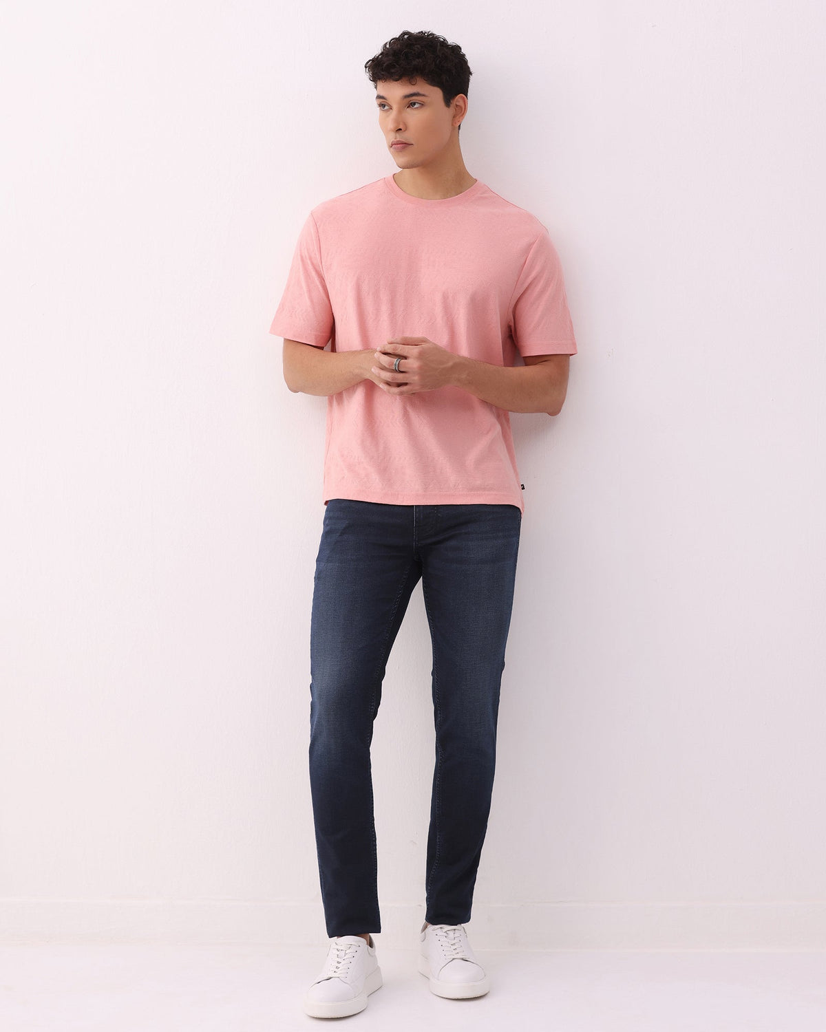 Summer Pink Crew Neck Textured T-Shirt - Rubeus