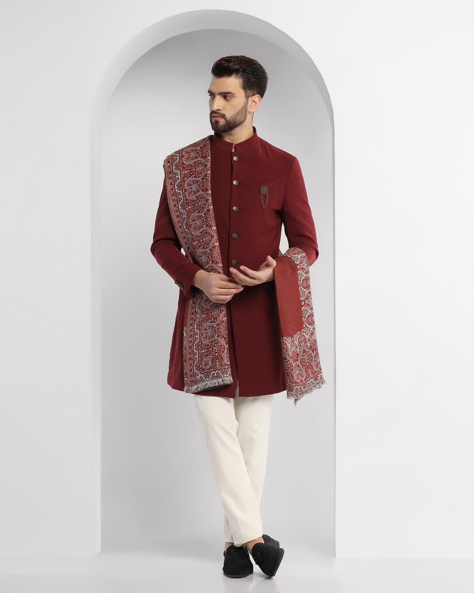 Textured Ethnic 2 Pcs Suit In Wine (Tren) - Blackberrys