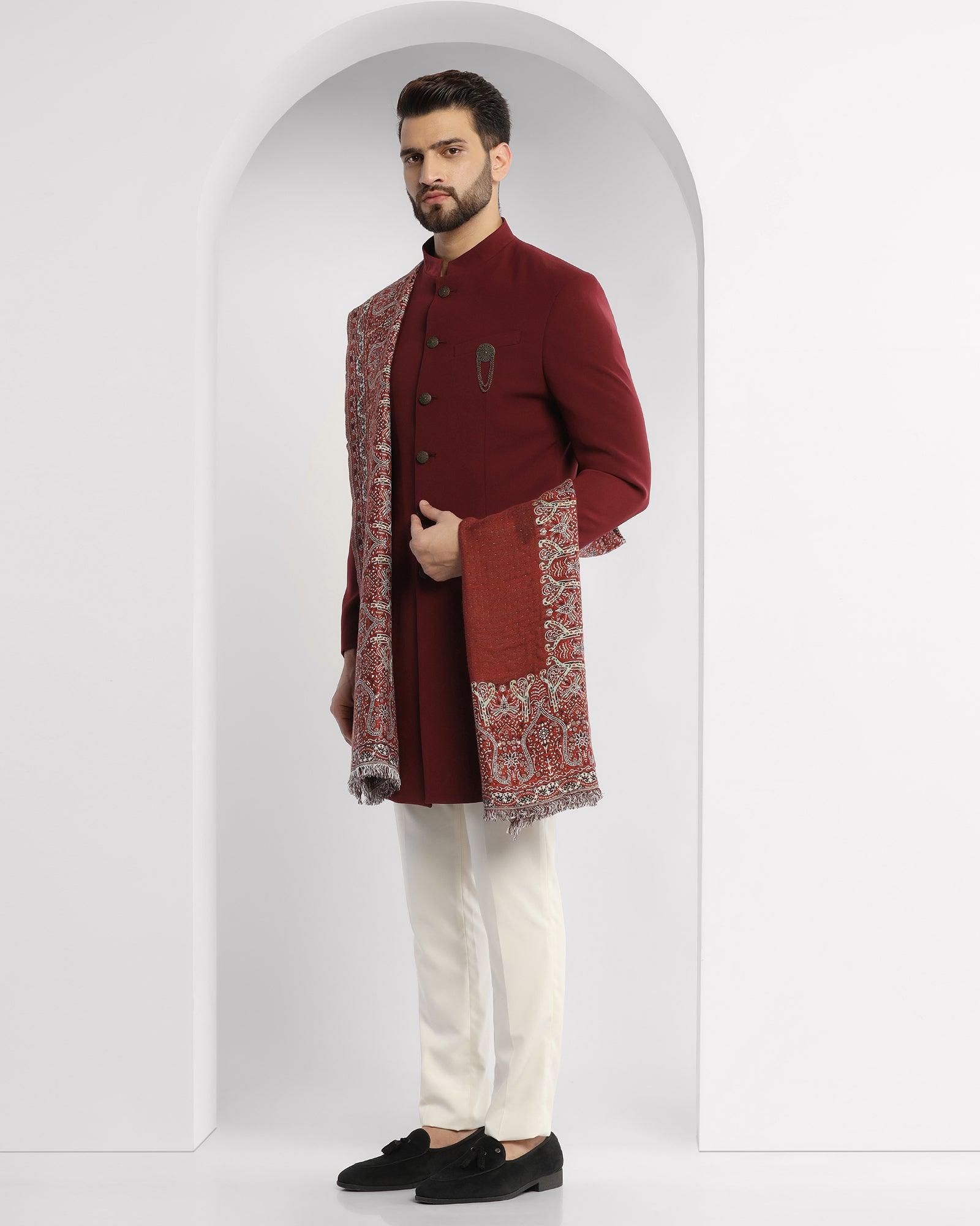 Textured Ethnic 2 Pcs Suit In Wine (Tren) - Blackberrys