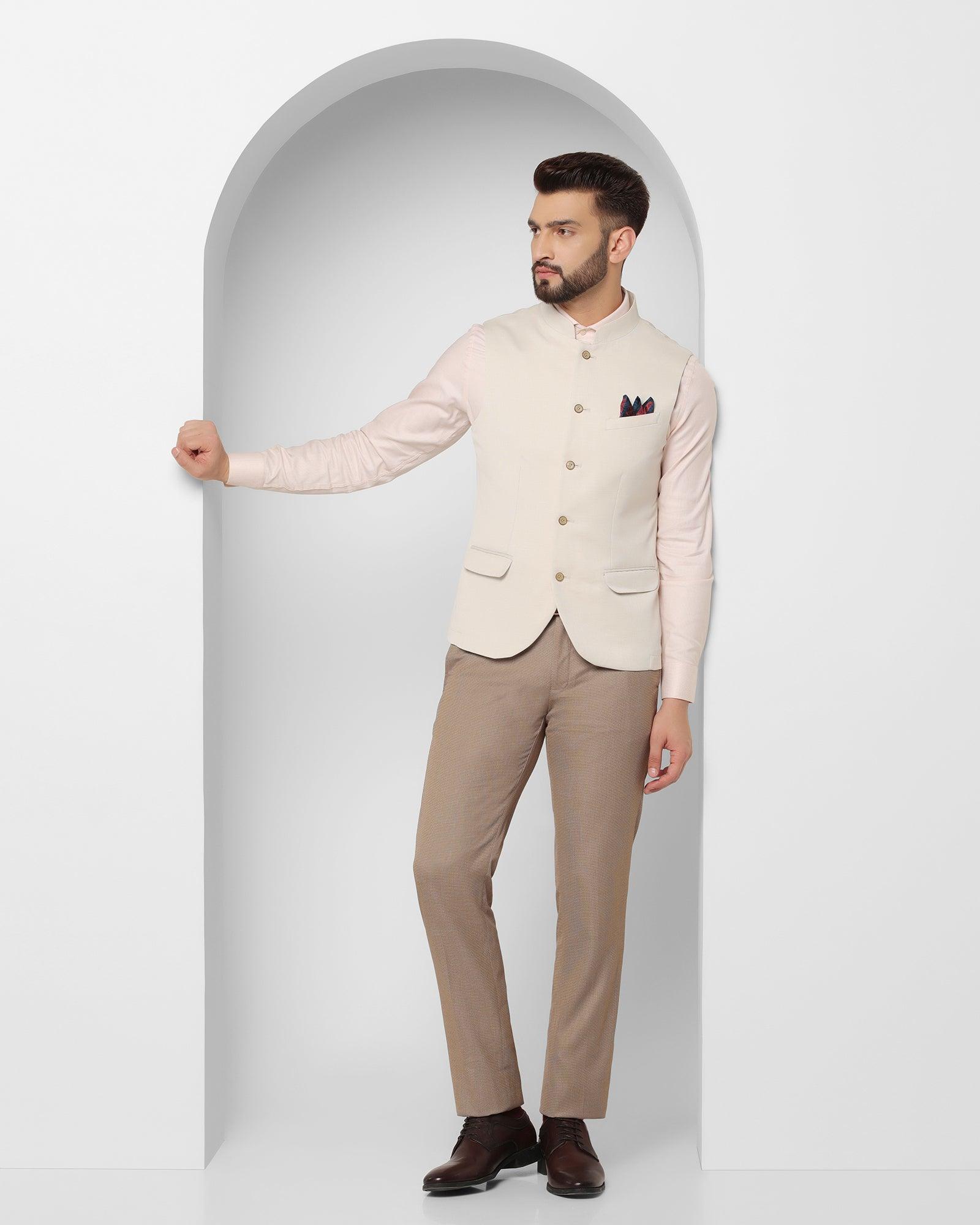 Textured Formal Bandhgala Waistcoat In Beige (Reef) - Blackberrys