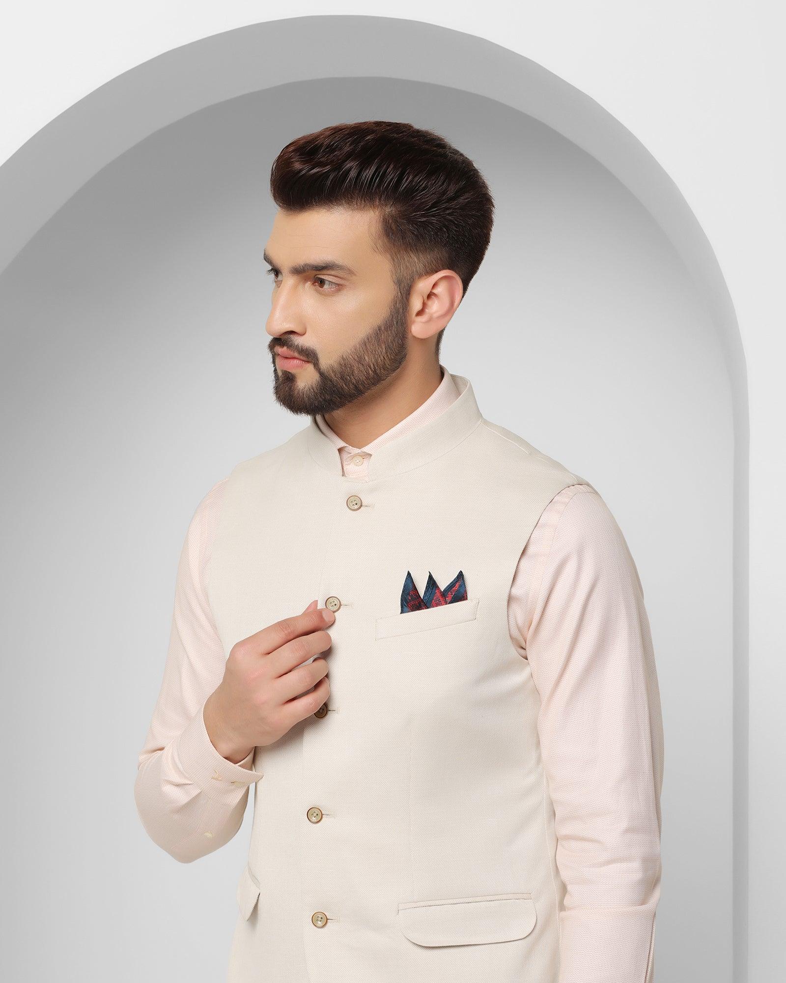 Textured Formal Bandhgala Waistcoat In Beige (Reef) - Blackberrys