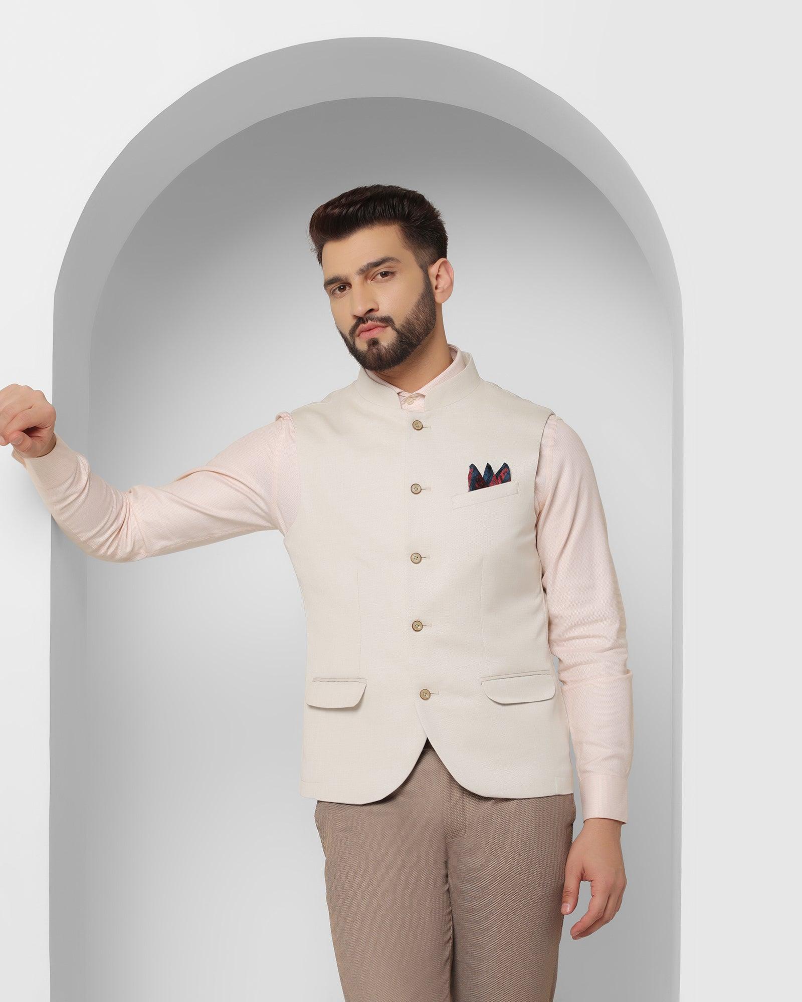 Textured Formal Bandhgala Waistcoat In Beige (Reef) - Blackberrys