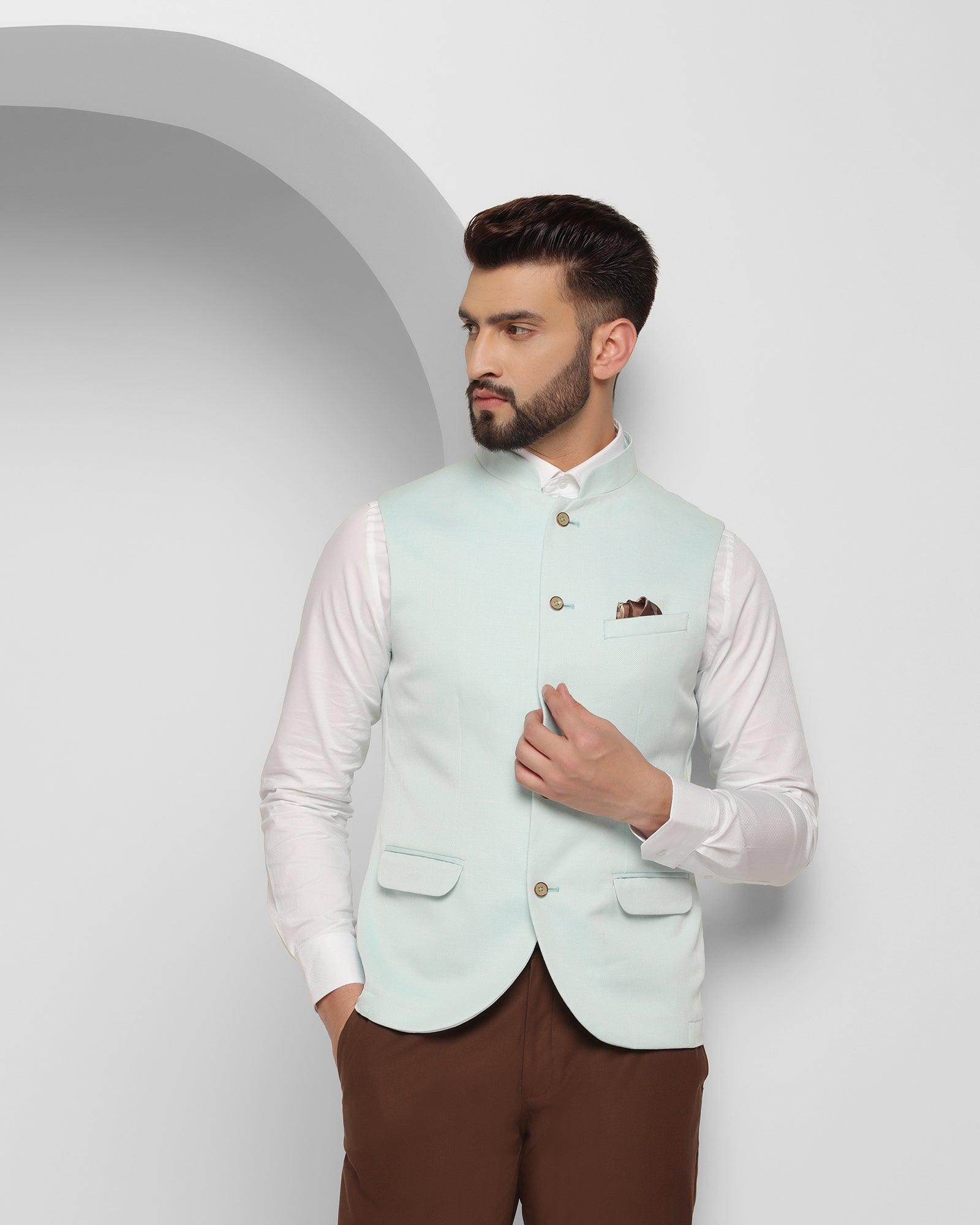 Textured Formal Bandhgala Waistcoat In Mint (Reef) - Blackberrys