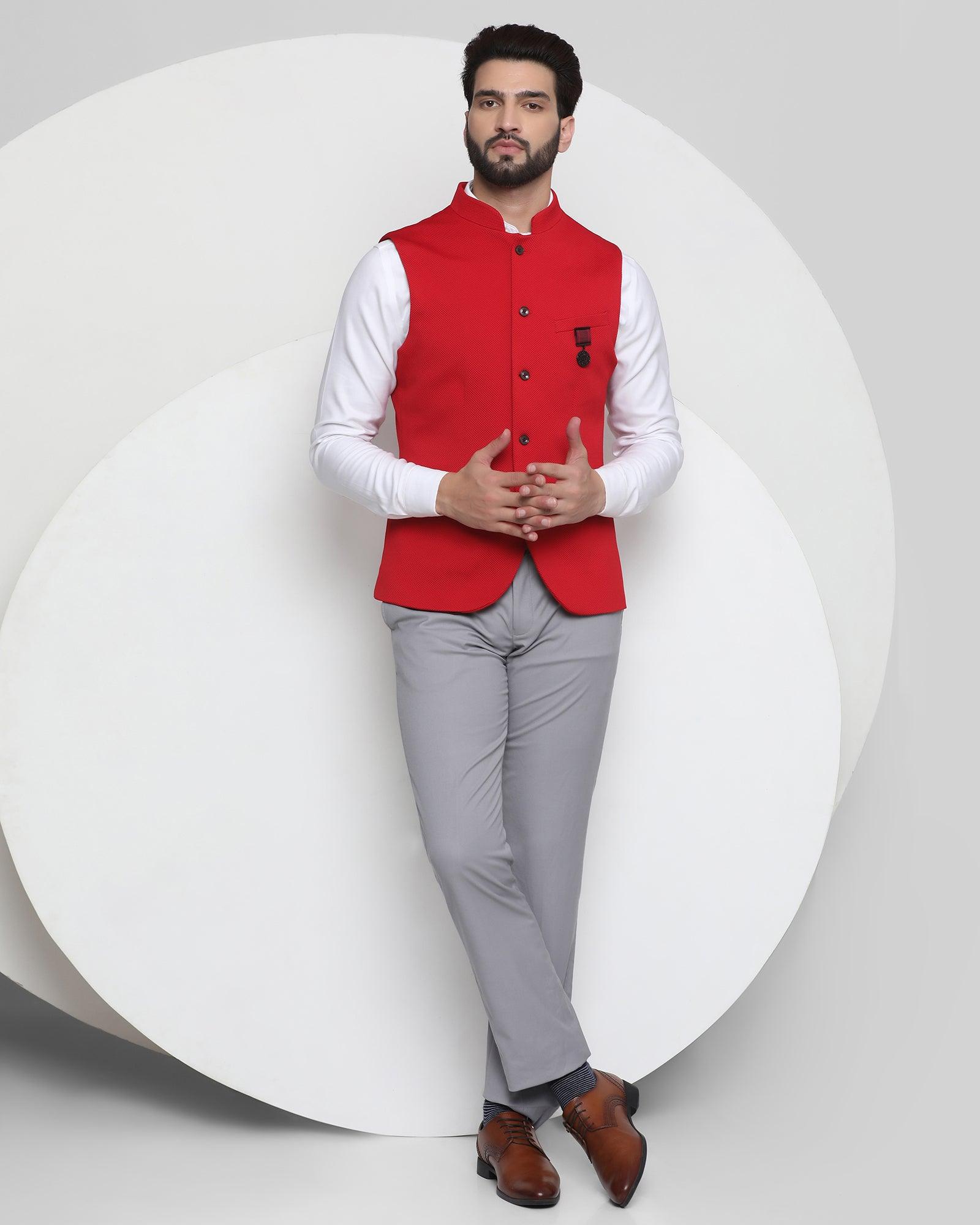 Textured Formal Bandhgala Waistcoat In Red (Vann) - Blackberrys