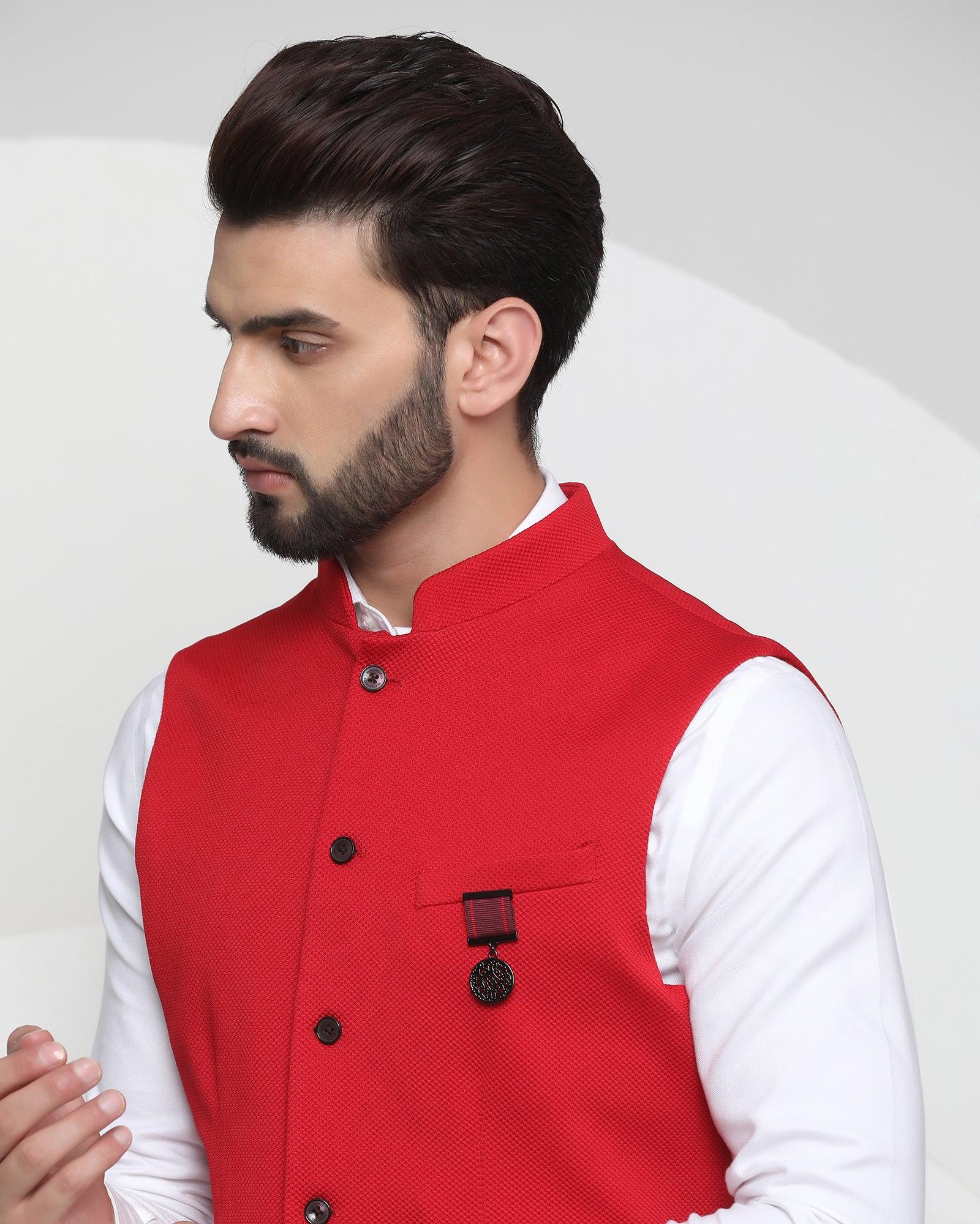 Textured Formal Bandhgala Waistcoat In Red (Vann) - Blackberrys