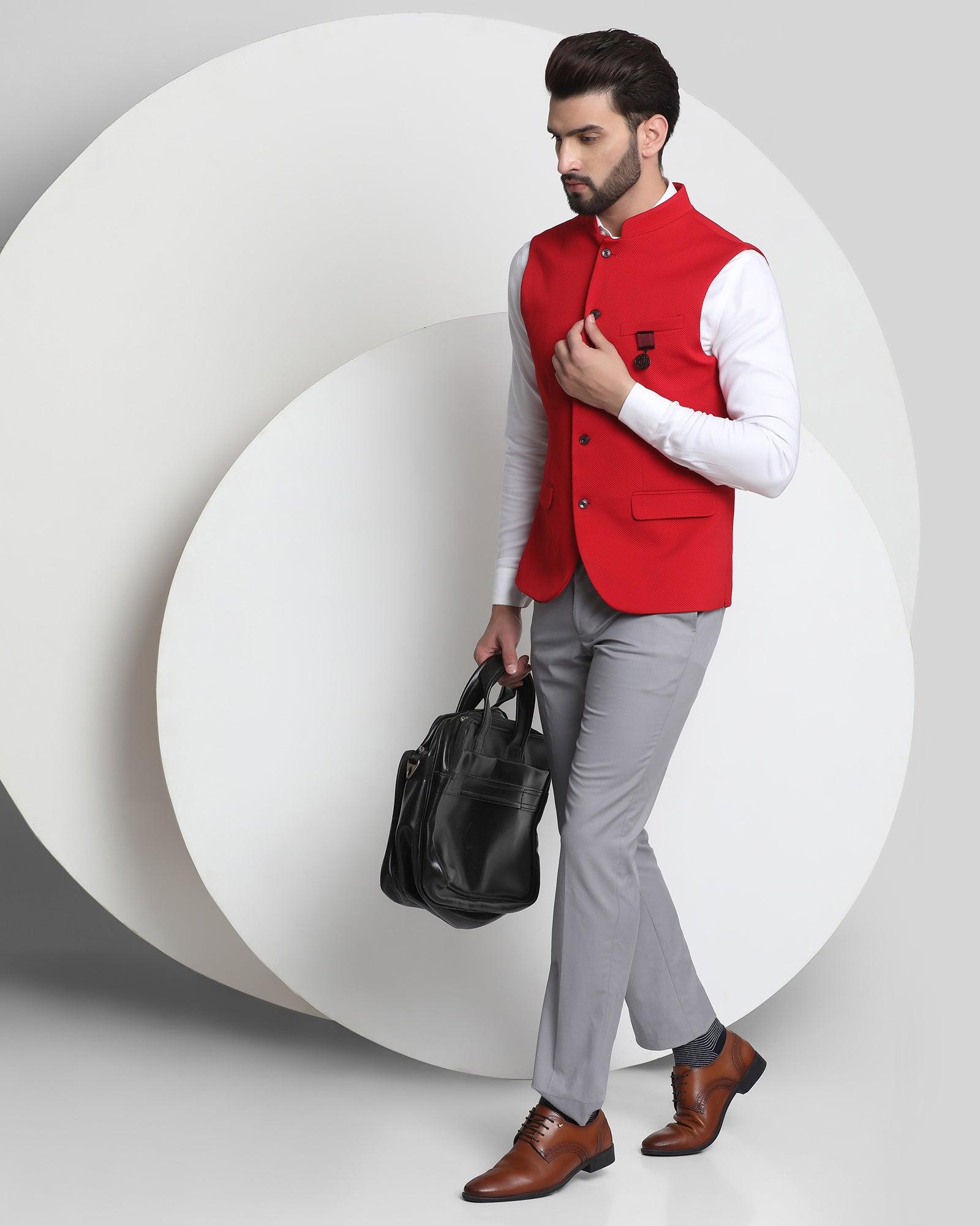 Textured Formal Bandhgala Waistcoat In Red (Vann) - Blackberrys