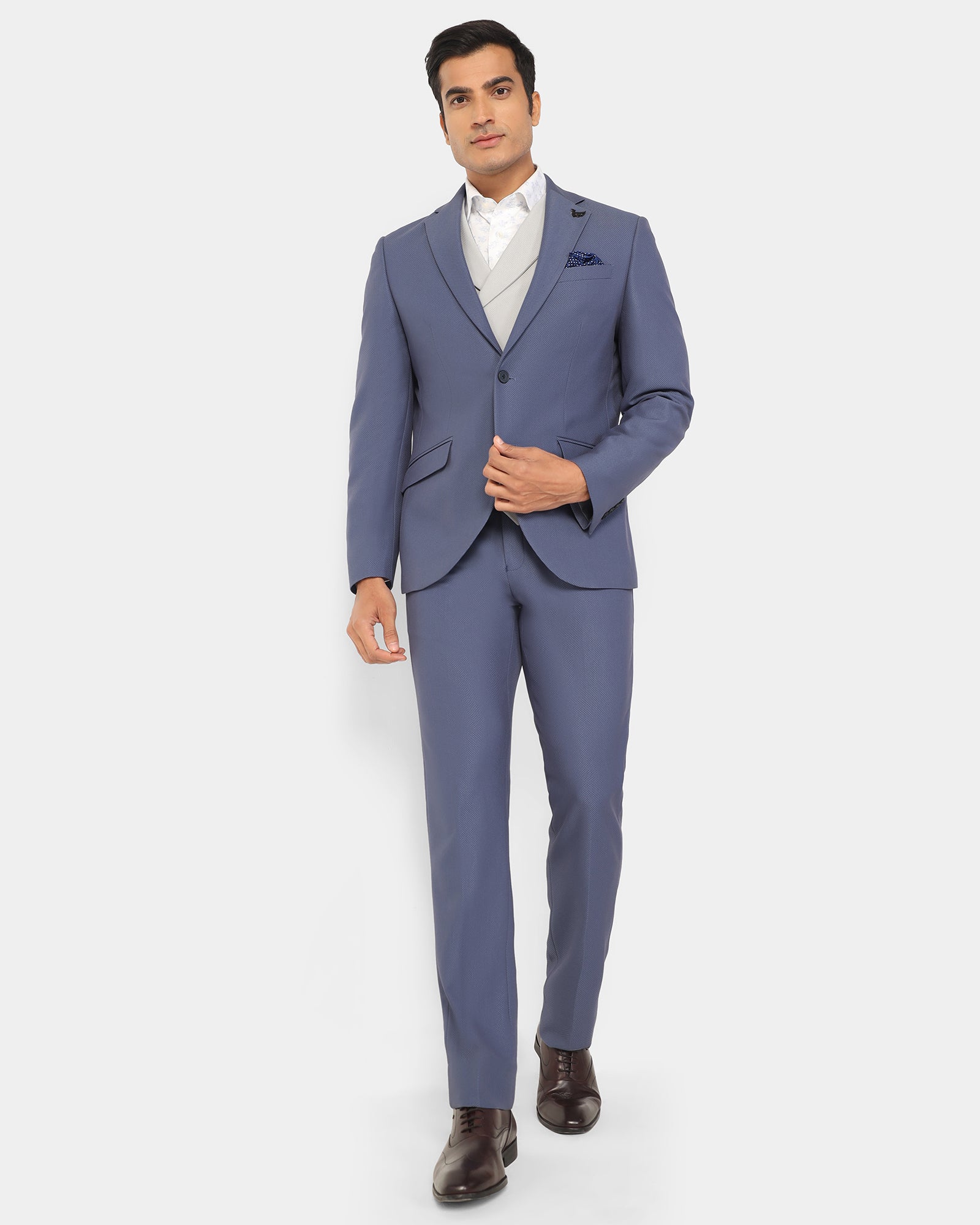 Three Piece Blue Textured Formal Suit - Ronnie