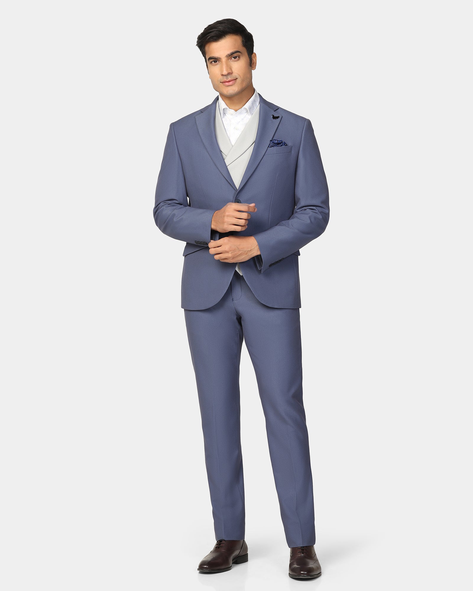 Three Piece Blue Textured Formal Suit - Ronnie