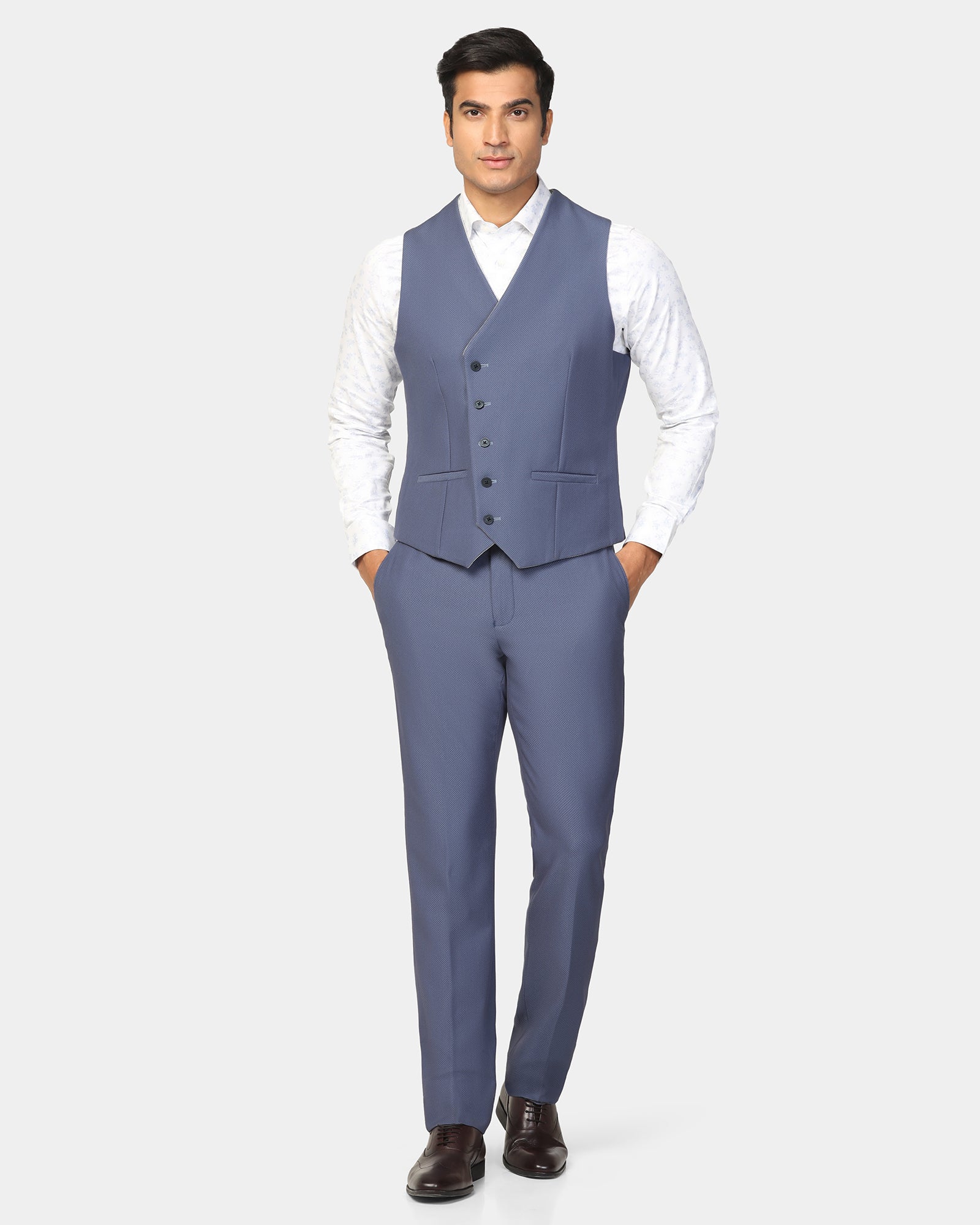 Three Piece Blue Textured Formal Suit - Ronnie