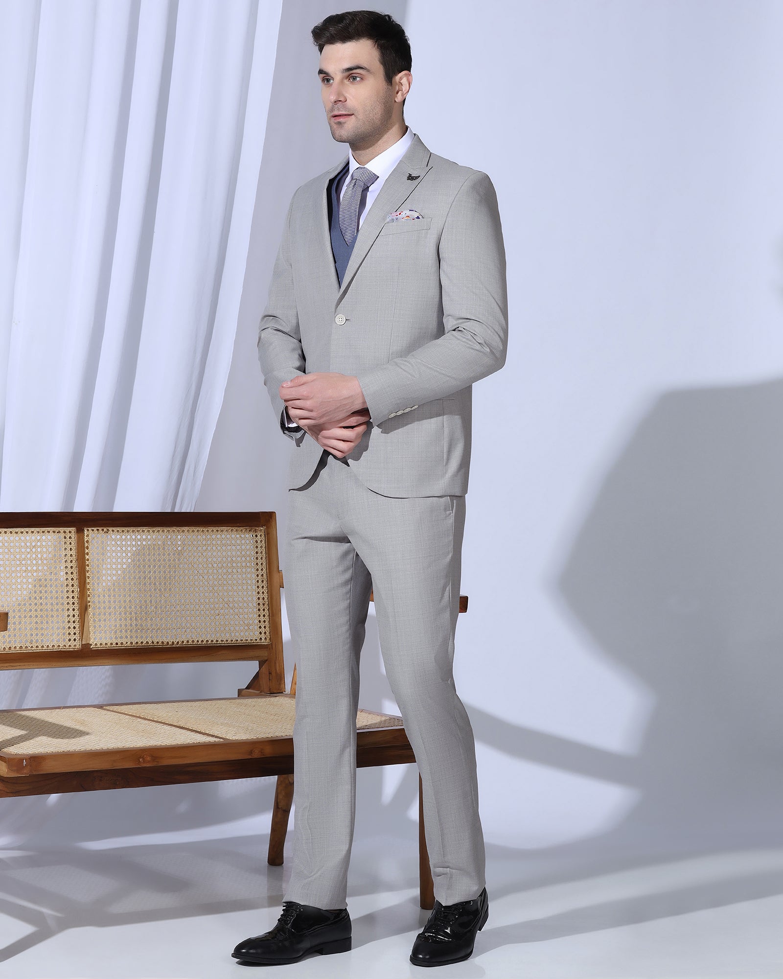 Three Piece Grey Solid Formal Suit - Oden