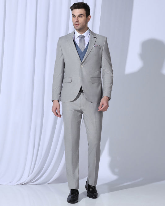 Three Piece Grey Solid Formal Suit - Oden