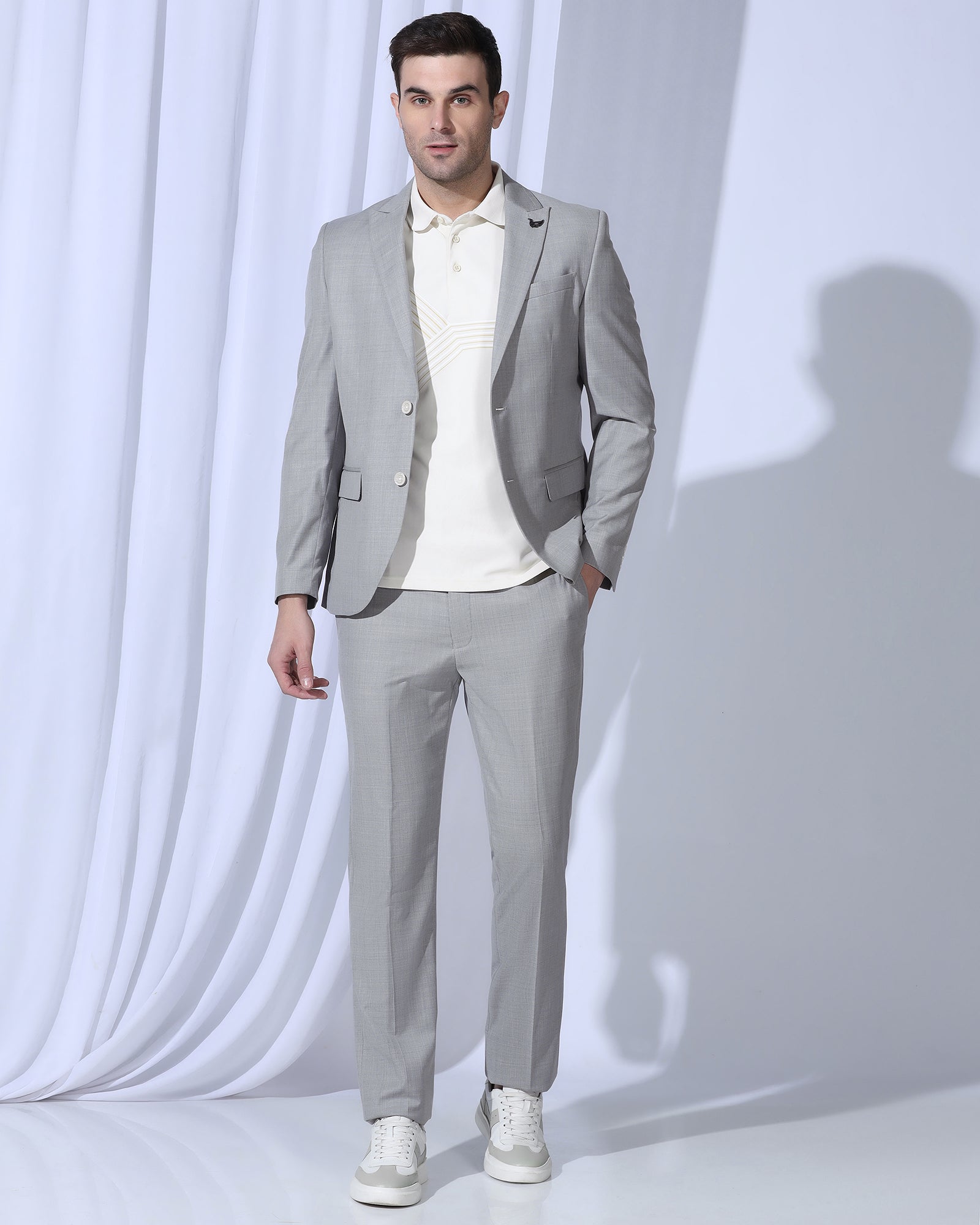 Three Piece Grey Solid Formal Suit - Oden
