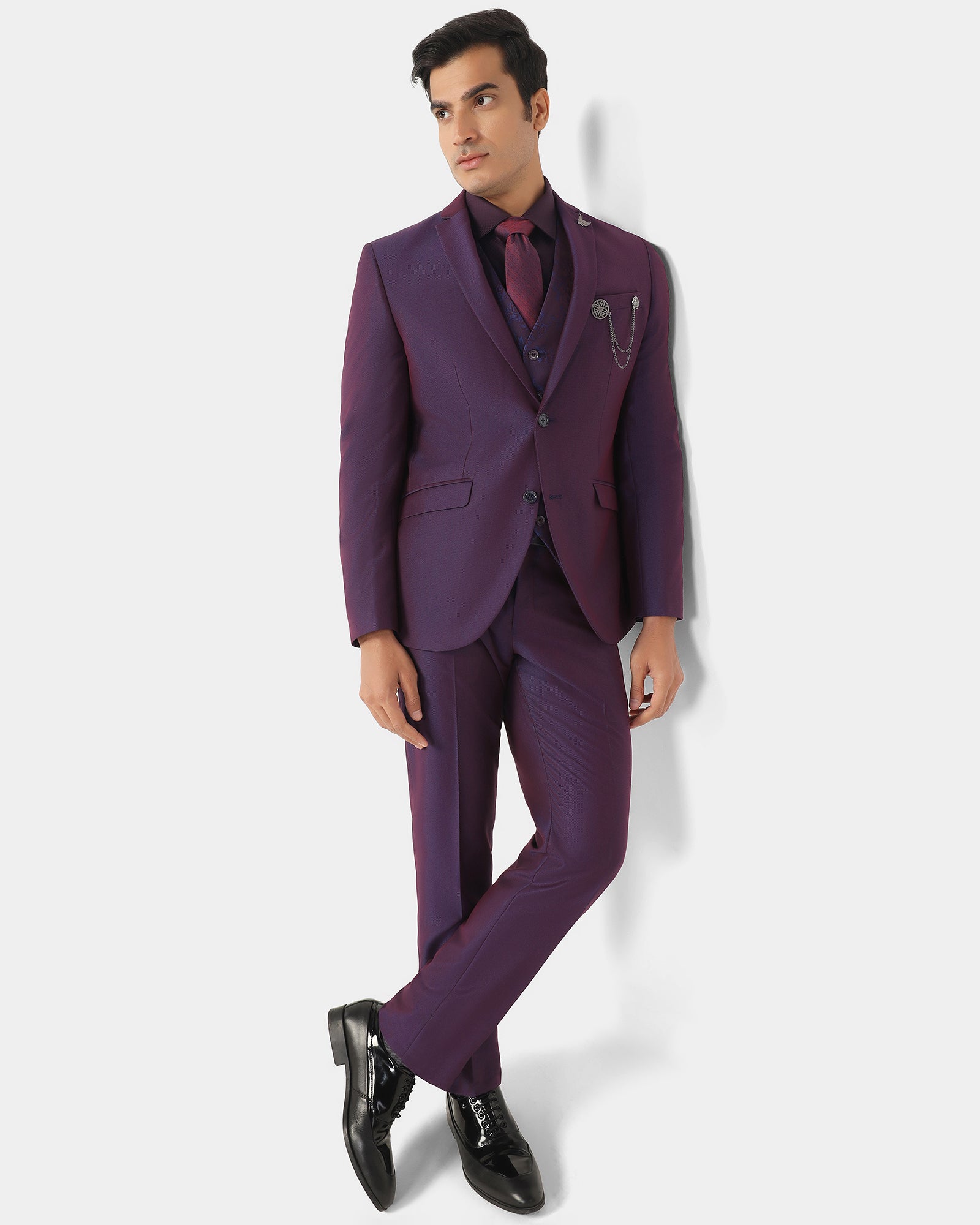 Three Piece Purple Textured Formal Suit - Zenin