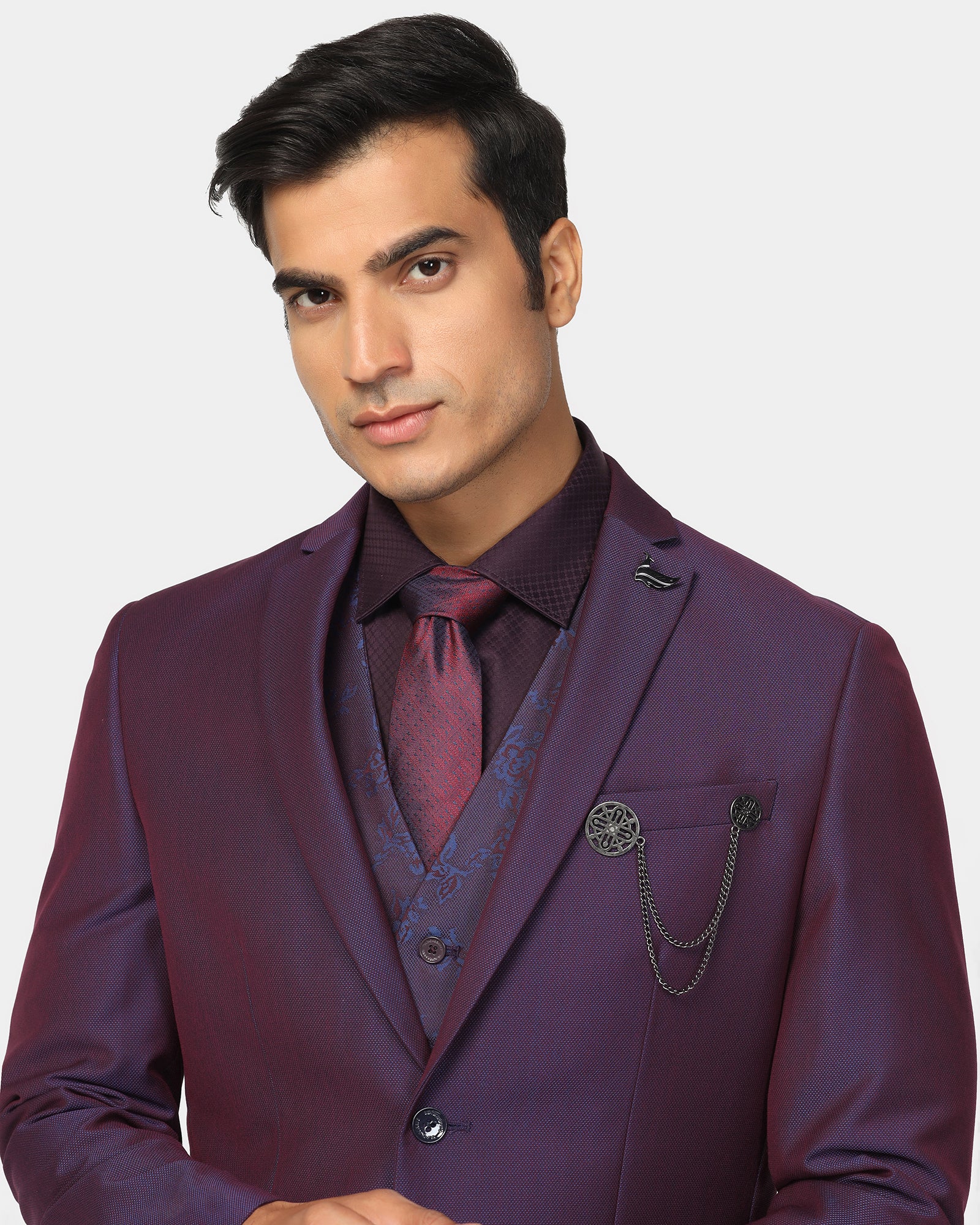 Three Piece Purple Textured Formal Suit - Zenin